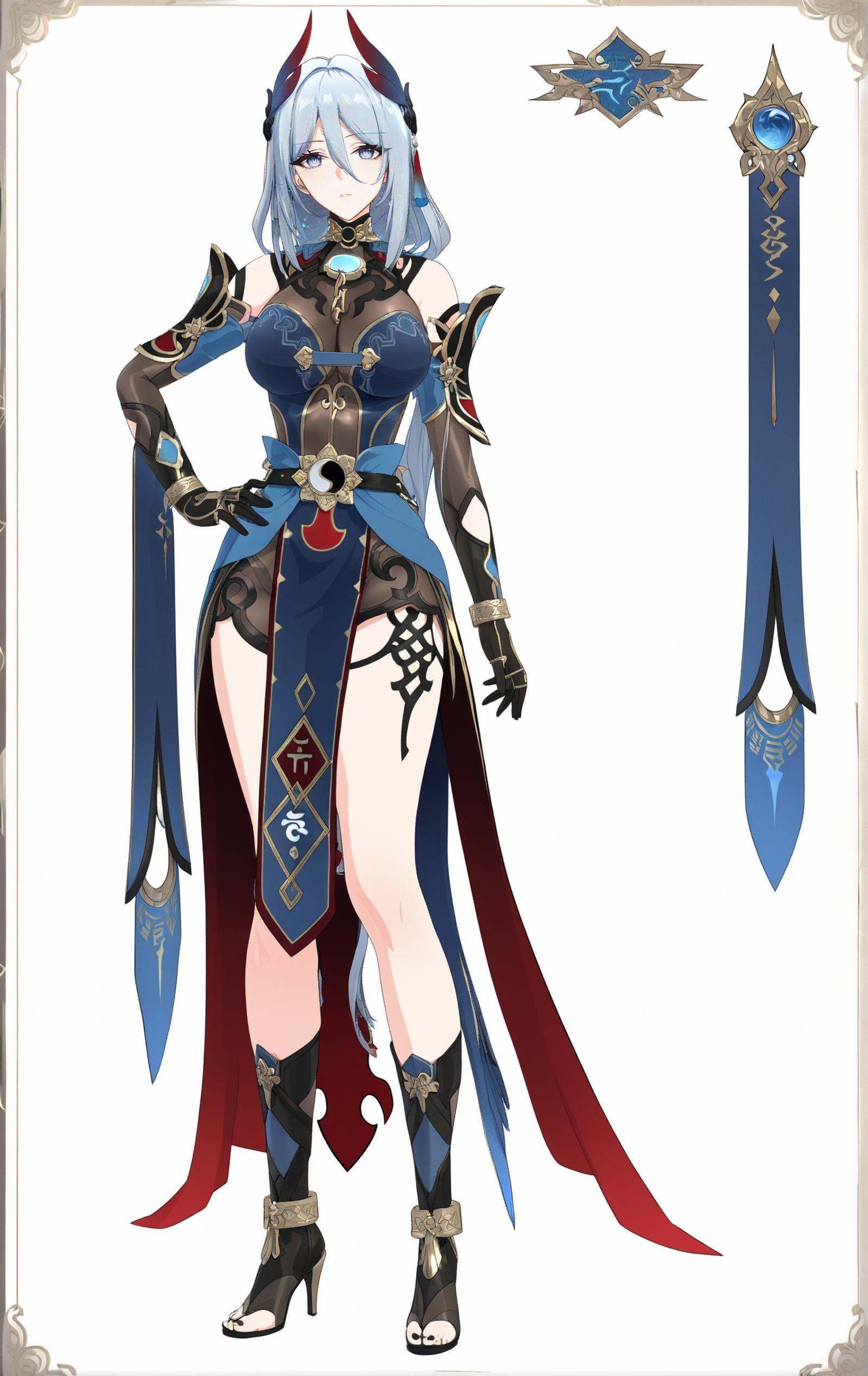 8k, best quality, masterpiece, (ultra-detailed:1.1), (high detailed skin), (full body), white background, standing, looking at viewer, (solo:1.2), hand on hip, 1girl,<lora:hanxue-kohaku-Tanger-000011:0.7>, hanya, hanya's def clothes, 1girl, breasts, high heels, long hair, toeless footwear, (beautiful_face), ((intricate_detail)), clear face, ((finely_detailed)), fine_fabric_emphasis, ((glossy)), full_shot, 