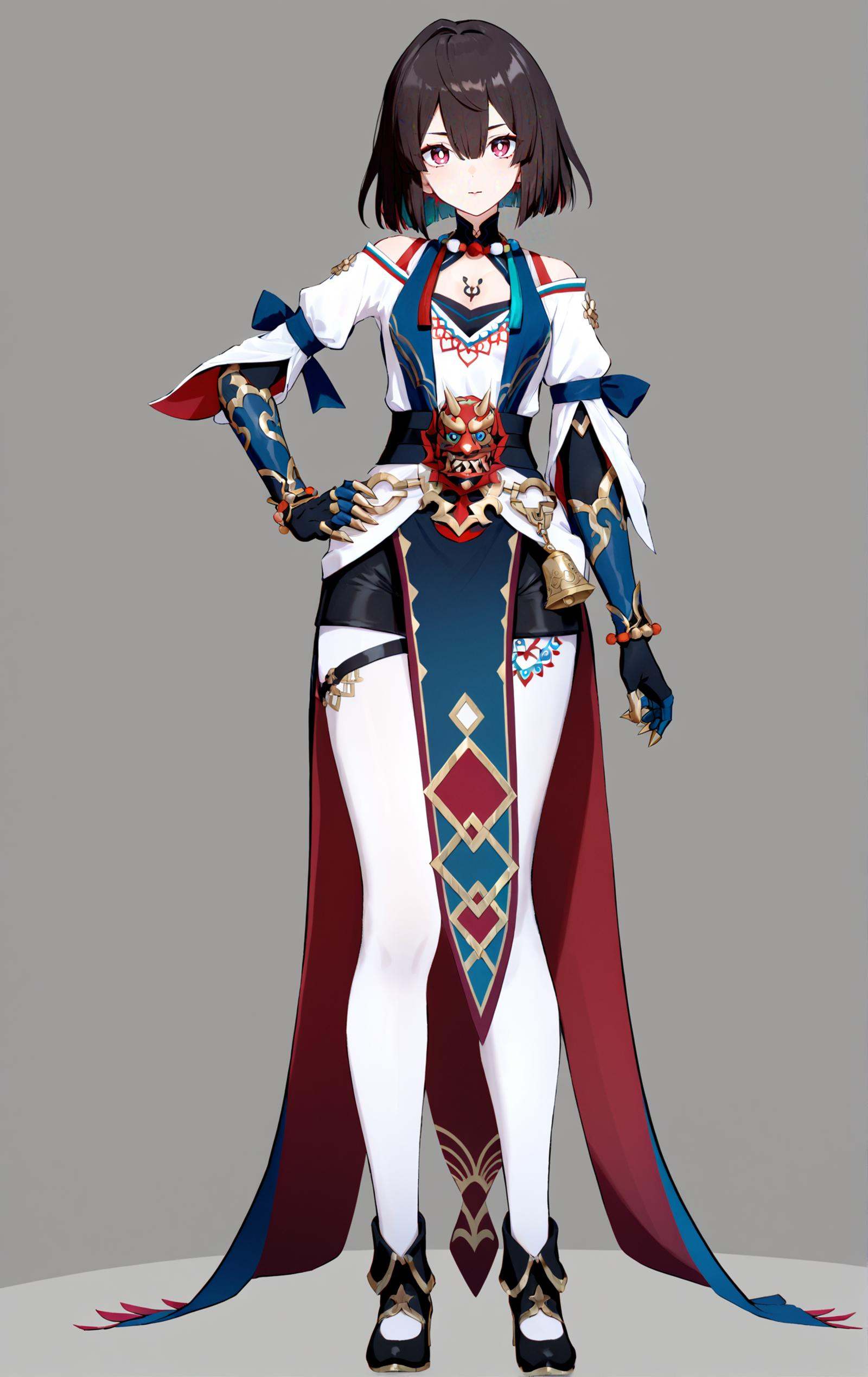 8k, best quality, masterpiece, (ultra-detailed:1.1), (high detailed skin), art by komone_ushio, komone_ushio, art by komone ushio, artist:komone ushio, (full body), (white background:1.2), standing, looking at viewer, (solo:1.2), hand on hip, 1girl, <lora:hanxue-kohaku-Tanger-000011:0.7>, xueyi, xueyi's def clothes, 1girl, black footwear, short hair, (beautiful_face), ((intricate_detail)), clear face, ((finely_detailed)), fine_fabric_emphasis, ((glossy)), full_shot, 