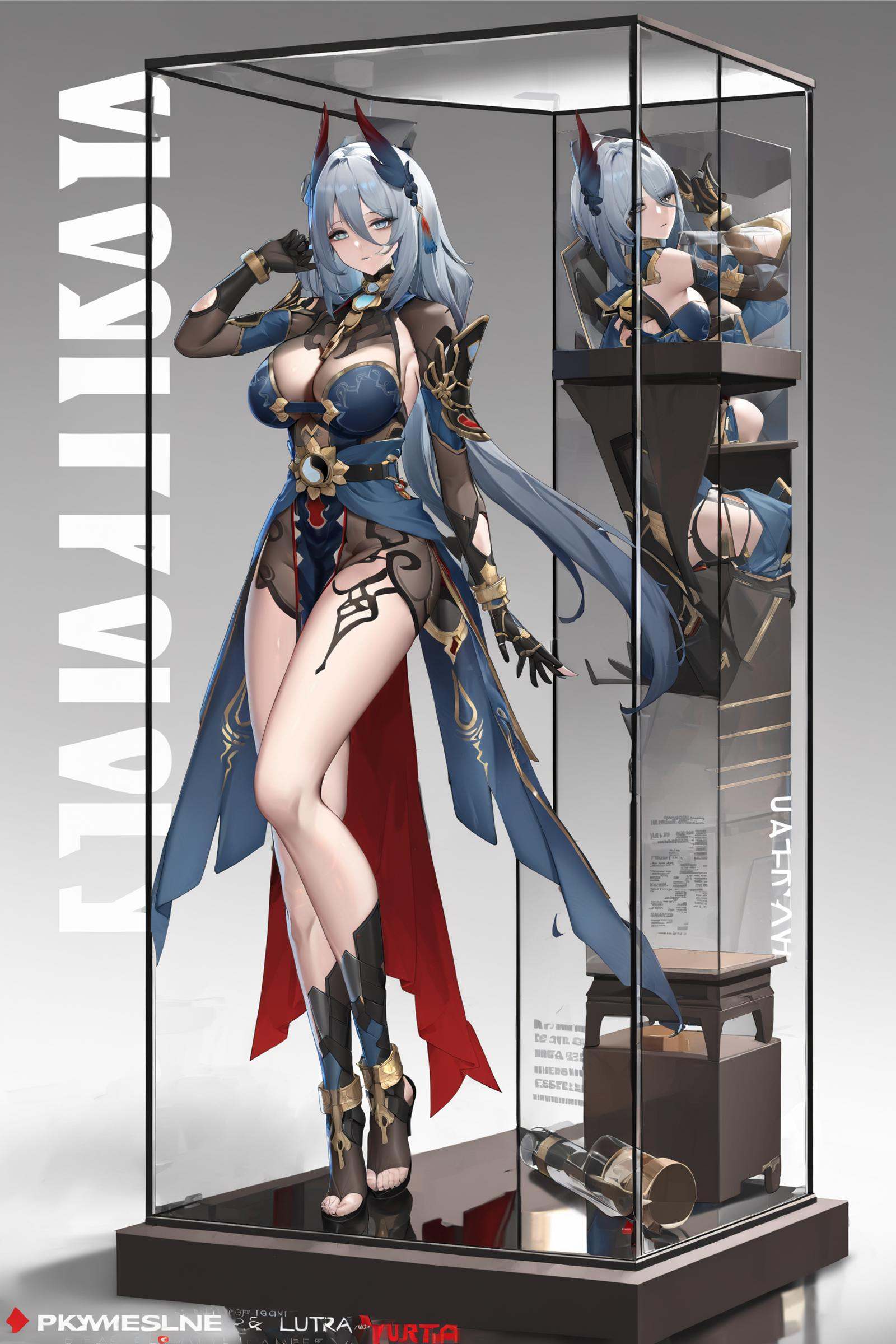 8k, best quality, masterpiece, (ultra-detailed:1.1), (high detailed skin), <lora:hanxuere-A3-Tanger-000009:0.8>, hanya, hanya's def clothes, 1girl, breasts, high heels, long hair, toeless footwear,<lora:jijia-a3-Tanger:0.8>, jjijia, 2d, anime, 1girl, solo, long hair, breasts, looking at viewer, in container, bangs, cleavage, see-through, standing, hand up, character name, large breasts, grey background, reflection, medium breasts, copyright name, gradient, a glass bottle with a picture of a woman on it, a picture of a girl inside a clear container with a bunch of stuff in it, 