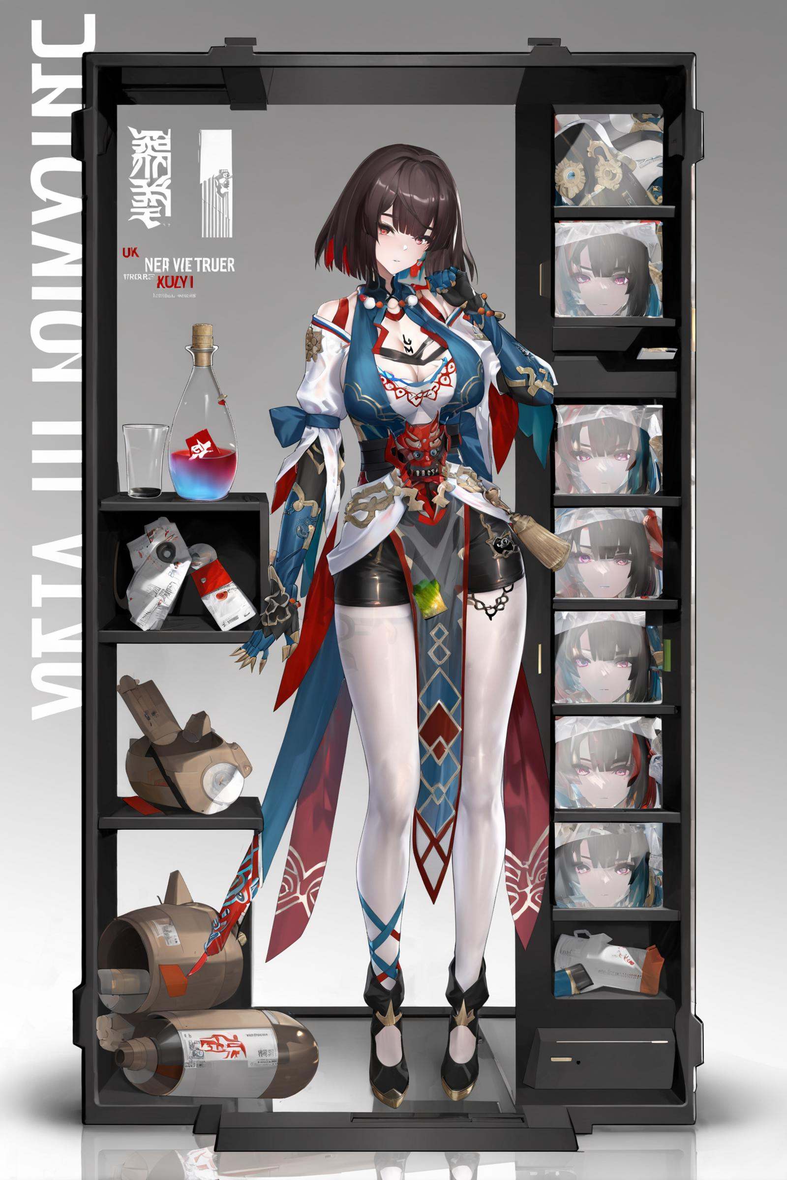 8k, best quality, masterpiece, (ultra-detailed:1.1), (high detailed skin), <lora:hanxuere-A3-Tanger-000009:0.8>, xueyi, xueyi's def clothes, 1girl, black footwear, <lora:jijia-a3-Tanger:0.8>, jjijia, 2d, anime, 1girl, solo, long hair, breasts, looking at viewer, in container, bangs, cleavage, see-through, standing, hand up, character name, large breasts, grey background, reflection, medium breasts, copyright name, gradient, a glass bottle with a picture of a woman on it, a picture of a girl inside a clear container with a bunch of stuff in it, 