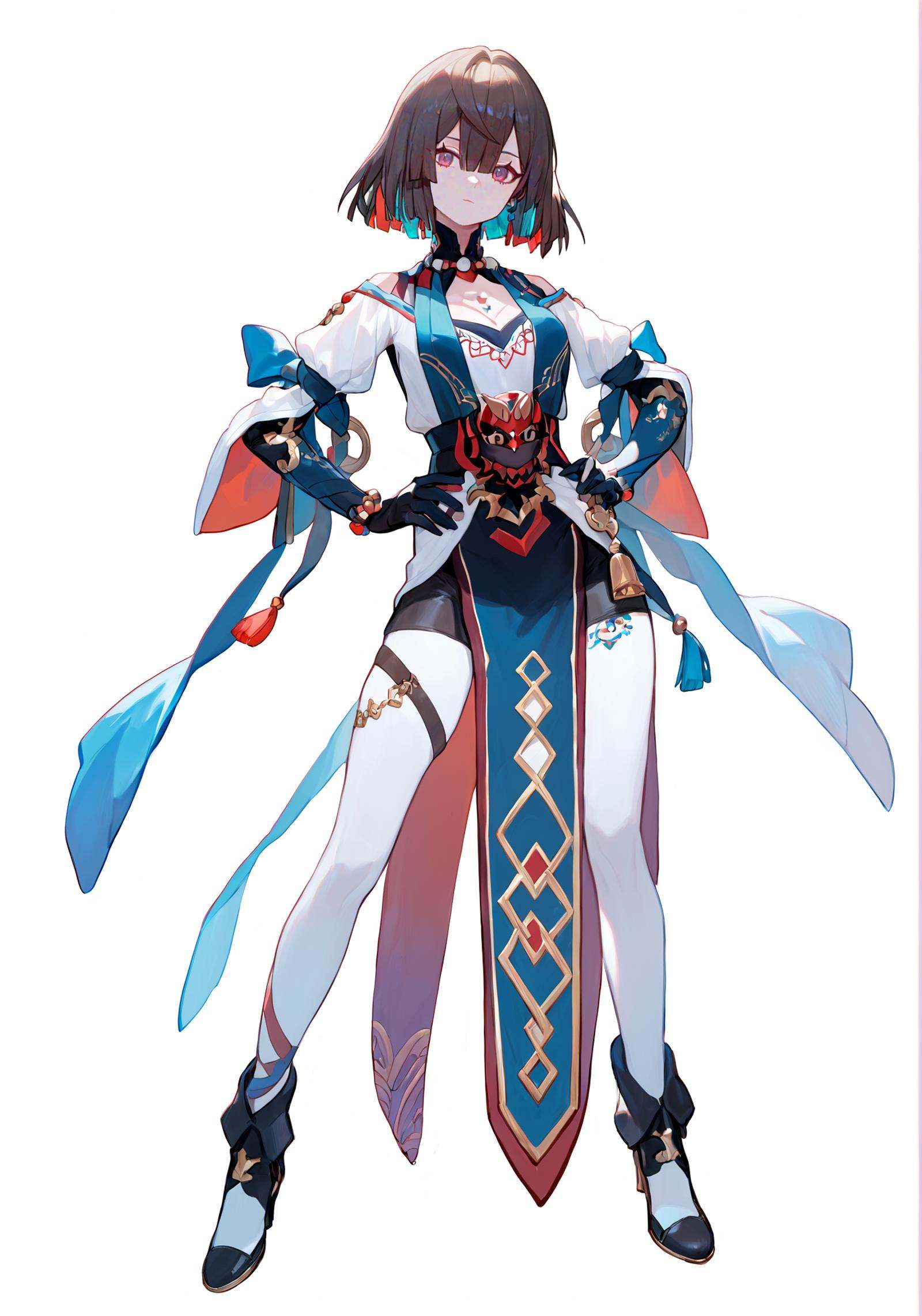 score_9, score_8_up, score_7_up, score_6_up, 8k, 8k, best quality, masterpiece, (ultra-detailed:1.1), (high detailed skin), white background, simple background, (full body), (white background), standing, looking at viewer, (solo), hand on hip, <lora:hanxue-pony-Tanger-000009:0.8>, xueyi, xueyi's def clothes, 1girl, black footwear, (beautiful_face), ((intricate_detail)), clear face, ((finely_detailed)), fine_fabric_emphasis, ((glossy)), full_shot, 