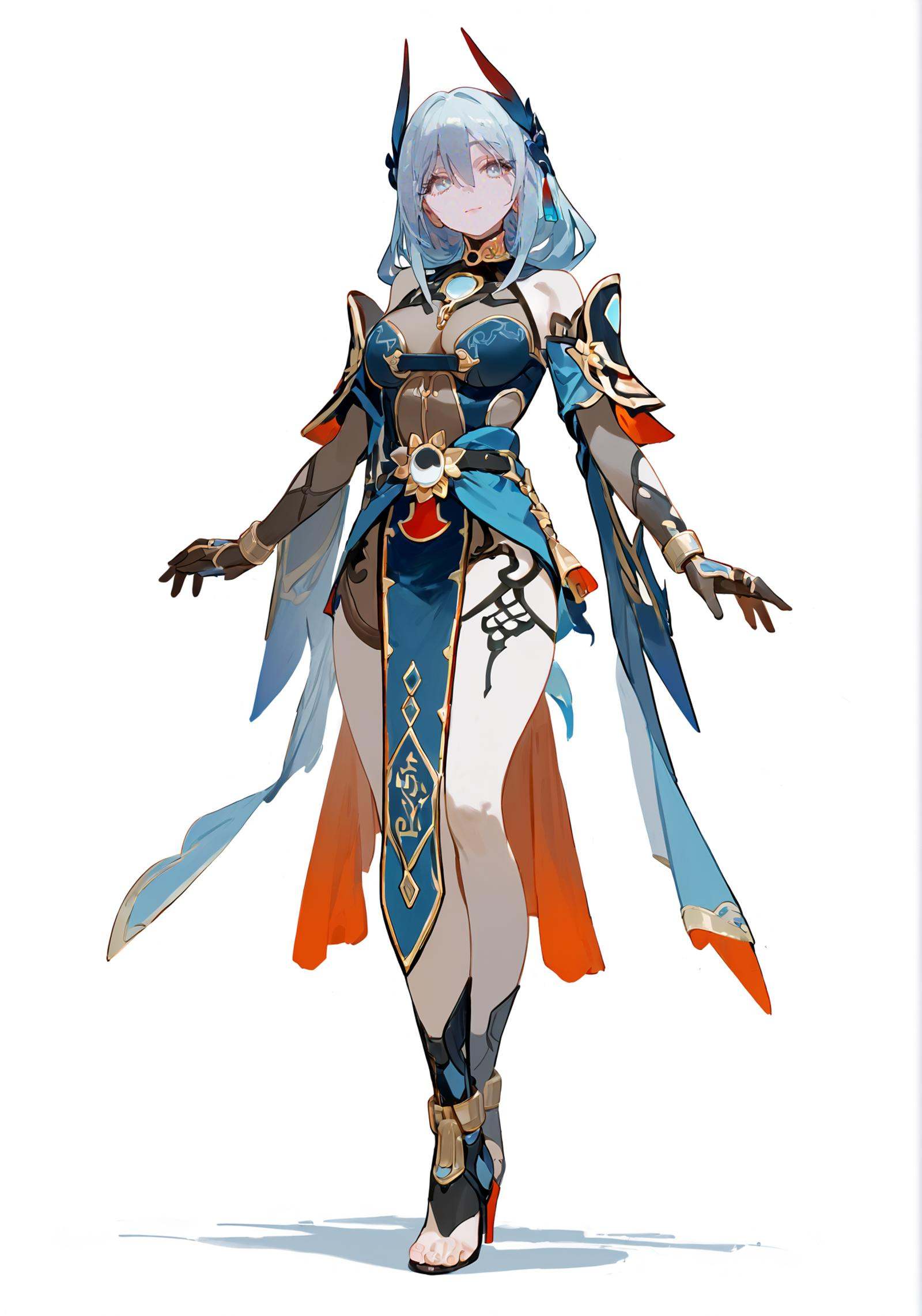 score_9, score_8_up, score_7_up, score_6_up, 8k, 8k, best quality, masterpiece, (ultra-detailed:1.1), (high detailed skin), white background, simple background, (full body), (white background:1.2), standing, looking at viewer, (solo), hand on hip, <lora:hanxue-pony-Tanger-000009:0.8>, hanya, hanya's def clothes, 1girl, breasts, high heels, long hair, toeless footwear, (beautiful_face), ((intricate_detail)), clear face, ((finely_detailed)), fine_fabric_emphasis, ((glossy)), full_shot, <lora:chenkin_nai3_style:0.8>, 