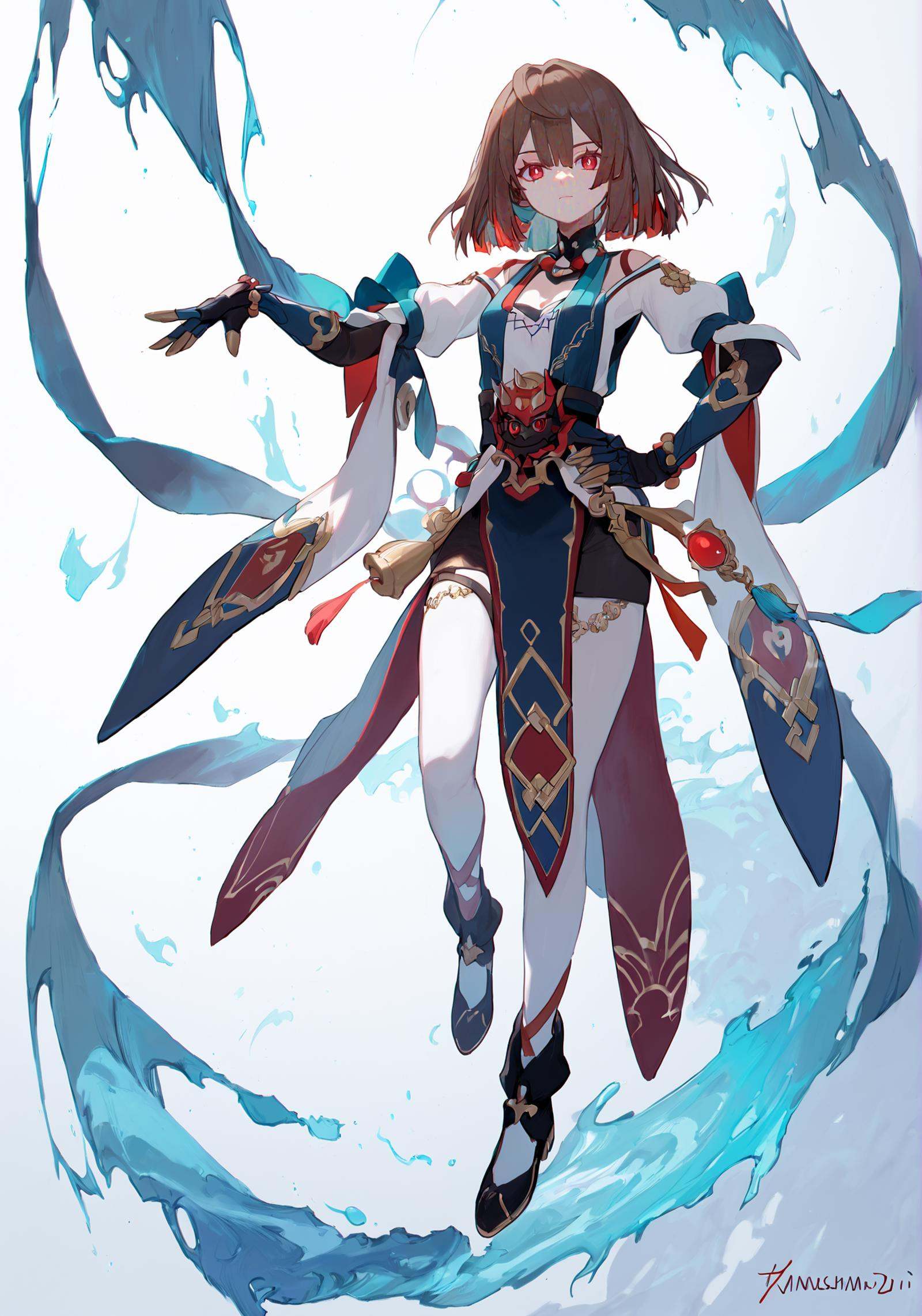 score_9, score_8_up, score_7_up, score_6_up, 8k, 8k, best quality, masterpiece, (ultra-detailed), (high detailed skin), white background, simple background, (full body), (white background), standing, looking at viewer, (solo), hand on hip, <lora:hanxue-pony-Tanger-000009:0.8>, xueyi, xueyi's def clothes, 1girl, black footwear, red eyes, brown hair, beautiful_face, intricate_detail, clear face, finely_detailed, fine_fabric_emphasis, full_shot, 