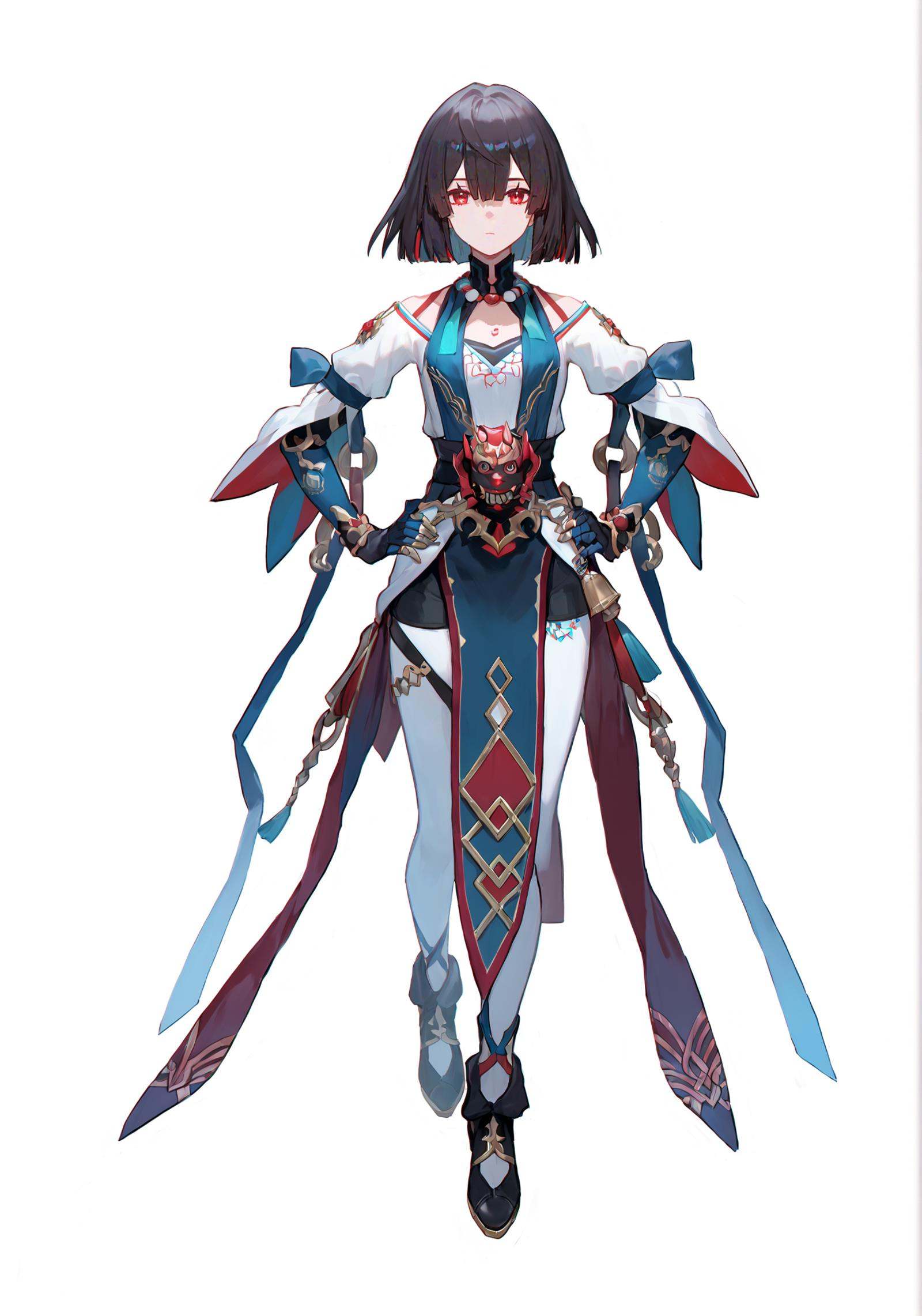 score_9, score_8_up, score_7_up, score_6_up, 8k, 8k, best quality, masterpiece, (ultra-detailed), (high detailed skin), white background, simple background, (full body), (white background), standing, looking at viewer, (solo), hand on hip, <lora:hanxue-pony-Tanger:0.8>, xueyi, xueyi's def clothes, 1girl, black footwear, red eyes, black hair, beautiful_face, intricate_detail, clear face, finely_detailed, fine_fabric_emphasis, full_shot, 