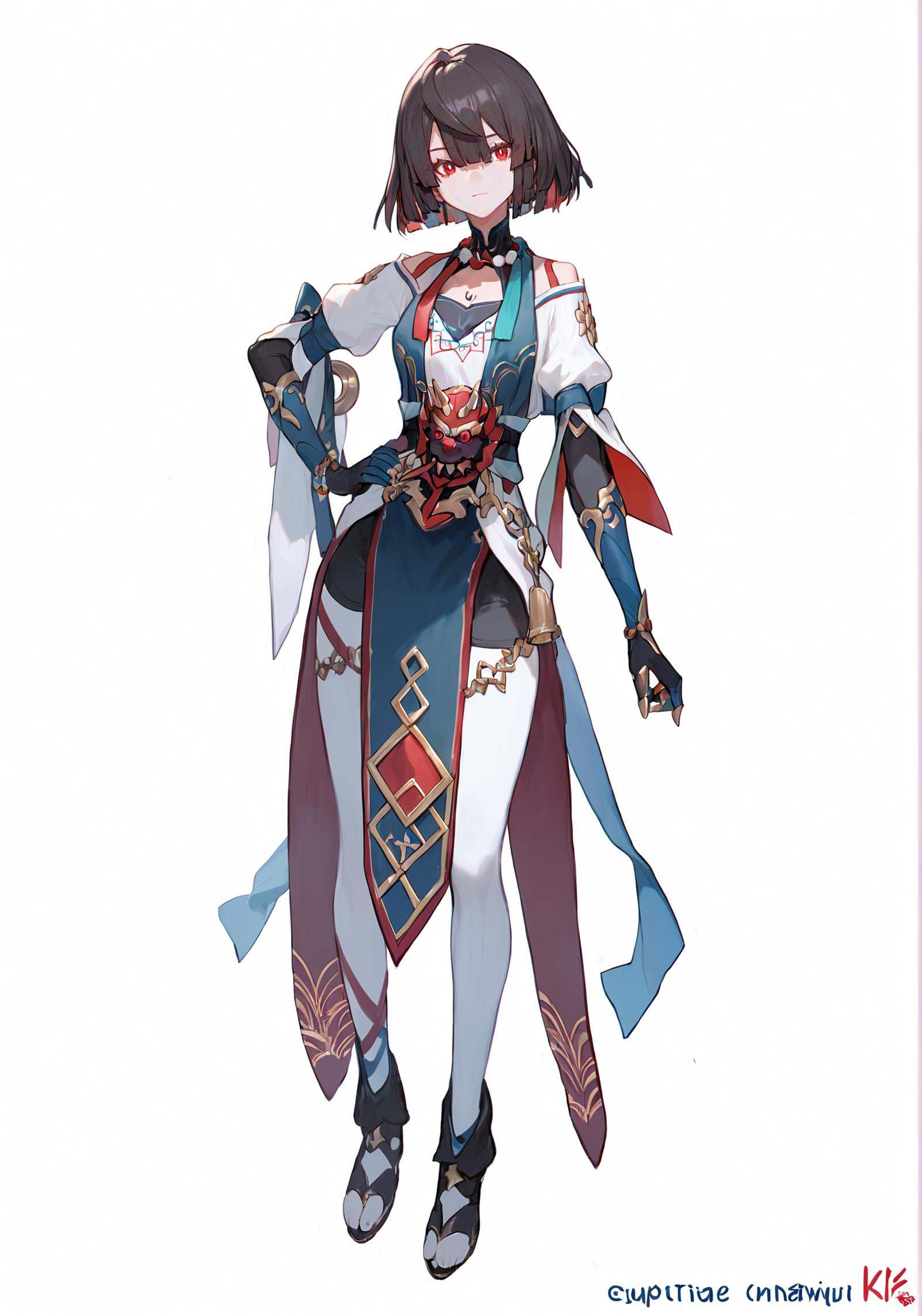 score_9, score_8_up, score_7_up, score_6_up, 8k, 8k, best quality, masterpiece, (ultra-detailed), (high detailed skin), white background, simple background, (full body), (white background), standing, looking at viewer, (solo), hand on hip, <lora:hanxue-pony-Tanger-000009:0.8>, xueyi, xueyi's def clothes, 1girl, black footwear, red eyes, black hair, beautiful_face, intricate_detail, clear face, finely_detailed, fine_fabric_emphasis, full_shot, 