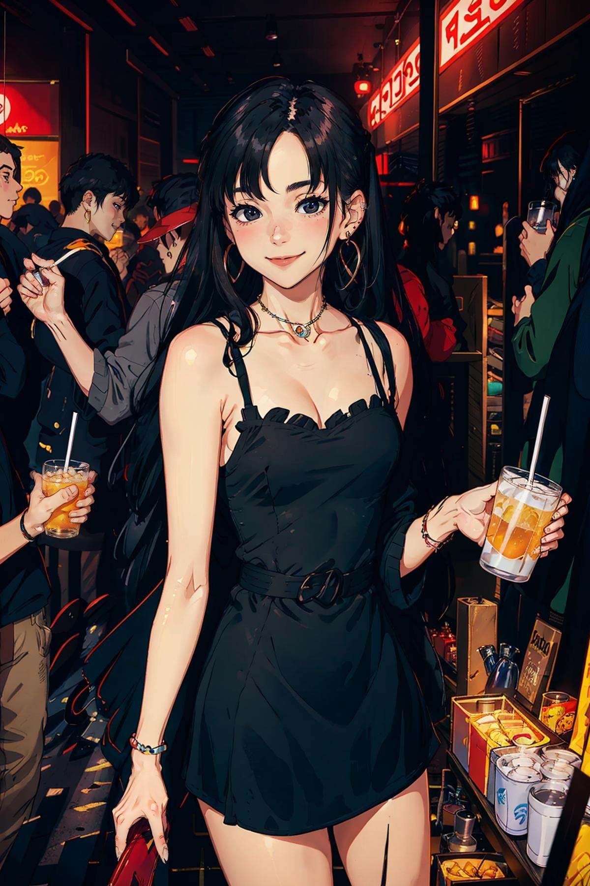 Bar photo,1girl,black hair,earrings,jewelry,long hair,best qualtiy,masterpiece,movie-level quality,<lora:20240115-1705331714218-0020:0.5>,drink,smile,<lora:动漫Ghibli - Spirited Away - Chihiro Ogino_v1.1:0.2>,ghibli,