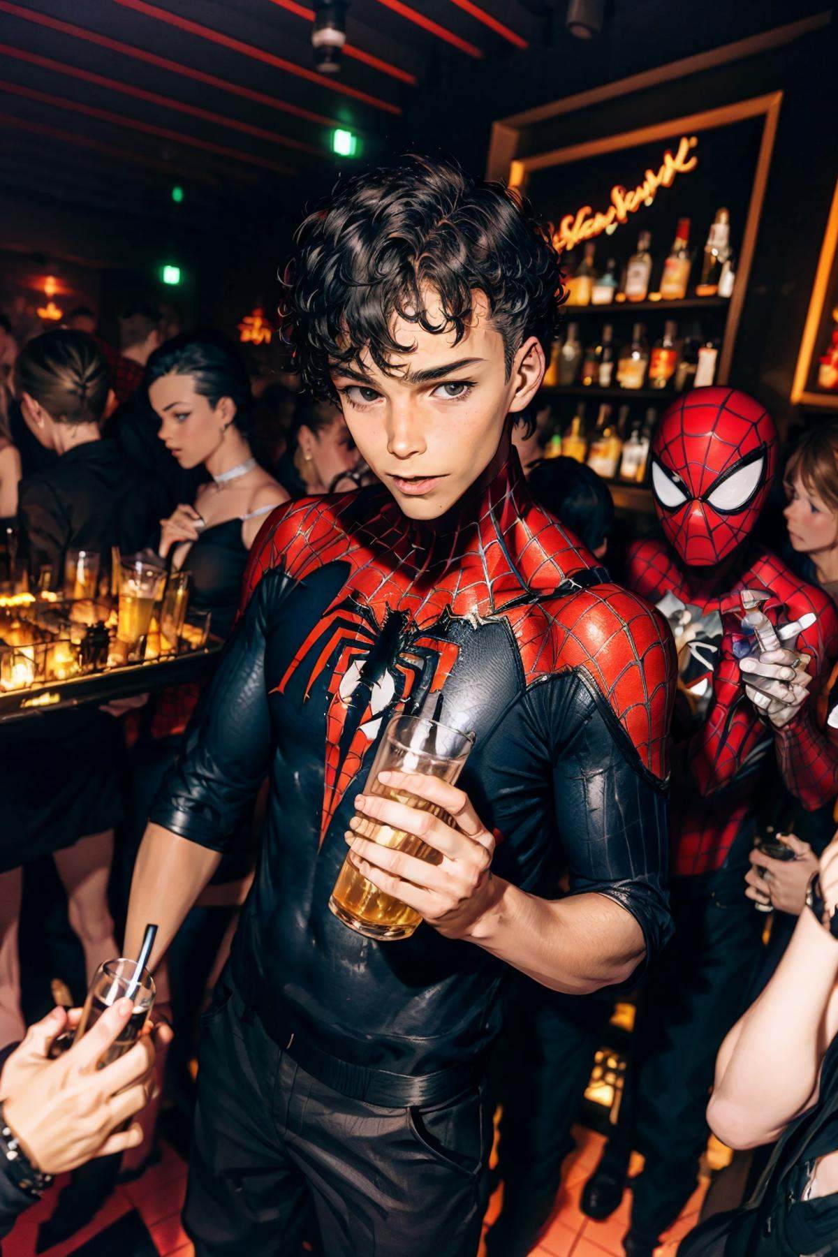 Bar photo,1boy,depth of field,best qualtiy,masterpiece,movie-level quality,<lora:20240115-1705331714218-0020:0.7>,many people,drink,Spiderman,<lora:add_detail:0.5>,marvel heroes,holding champagne in hand,spider man tight,boy focus,
