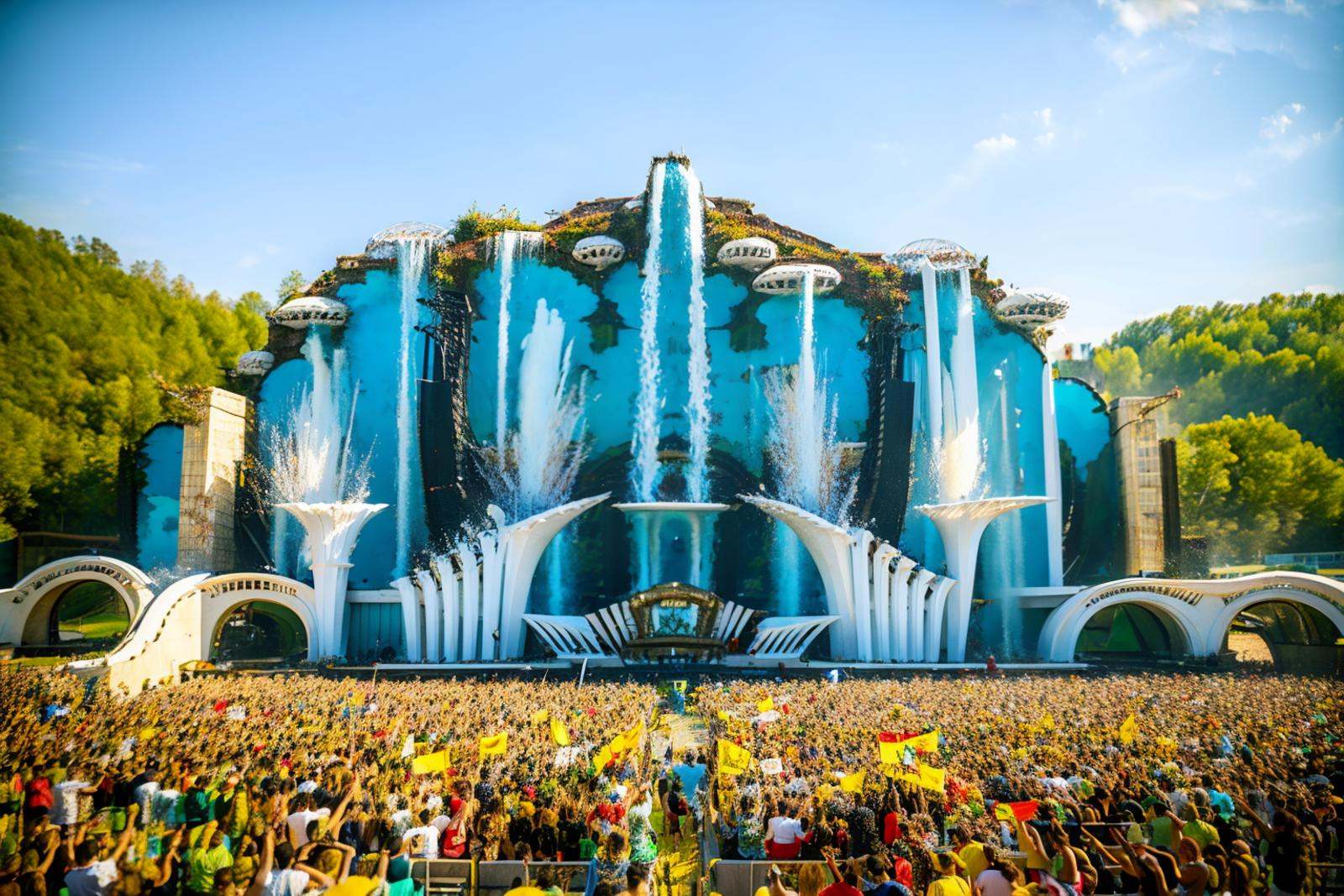 electronic music festival,<lora:electronic music festival:0.9>,best qualtiy,masterpiece,movie-level quality,magnificent_architecture,waterfall,scenery,bridge,city lights,mountain,river,tower,water,Skyscraper,
