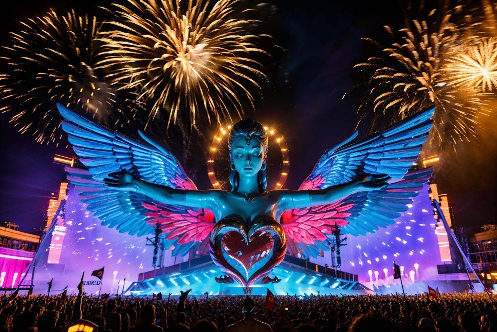 electronic music festival,<lora:20240412-1712880911310-0004:0.8>,best qualtiy,masterpiece,movie-level quality,(fireworks:1.2),statue of,heart,stretched out his arms,night,fire,explosion,eyes_closed,breathing_fire,wings,huge statue,