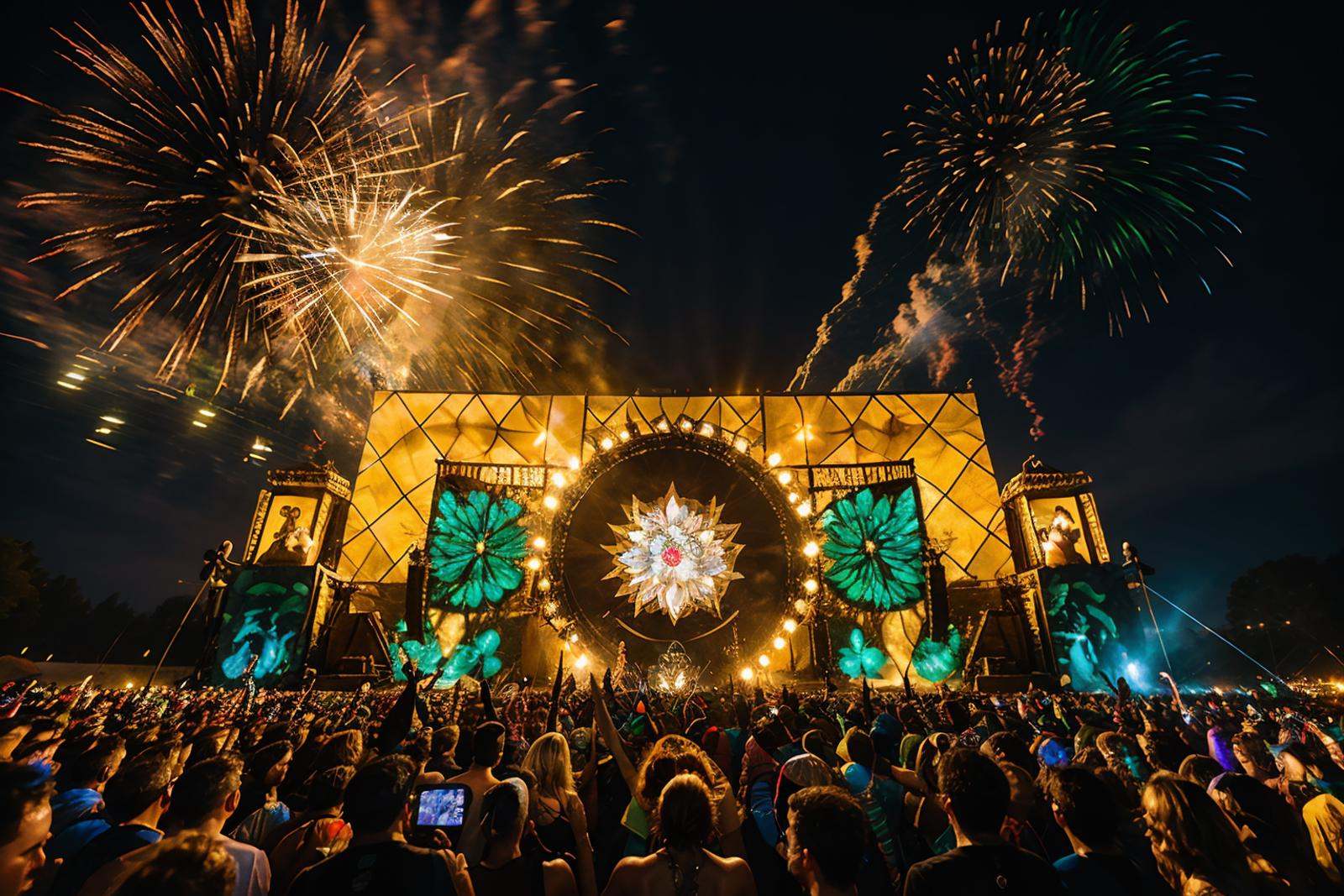 electronic music festival,<lora:electronic music festival:0.7>,best qualtiy,masterpiece,movie-level quality,jewelry,colorful,sunflower,night,fireworks,