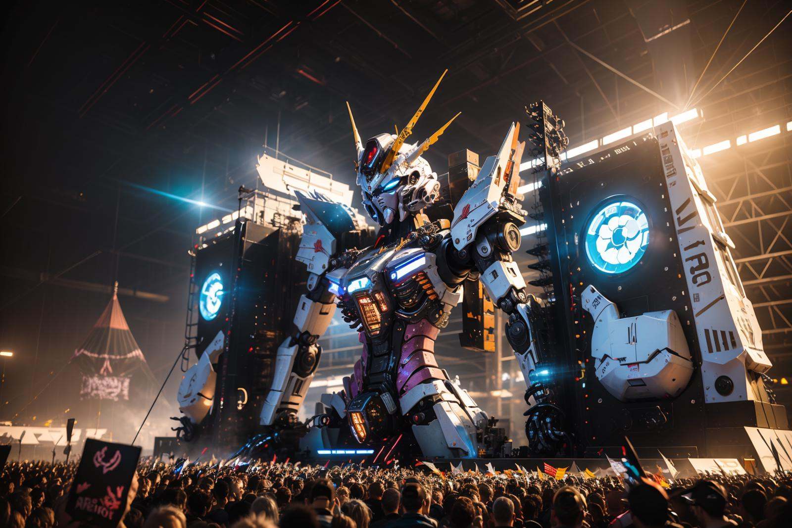 electronic music festival,<lora:electronic music festival:0.7>,best qualtiy,masterpiece,movie-level quality,<lora:Gundam_Mecha_v3_1:0.6>,Gundam,magnificent_architecture,robot,