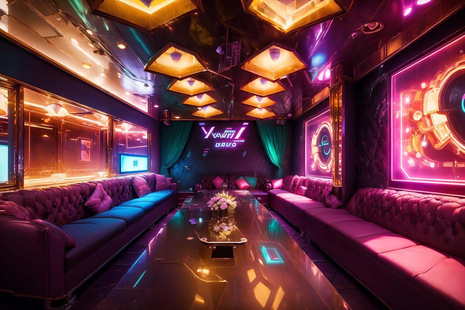 Ktv,scenery,Indoor,karaoke,<lora:20240122-1705863851919-0002:0.7>,couch,table,television,champagne,high end clubhouse,private room,best qualtiy,masterpiece,movie-level quality,neon lights,cyber_style,chiaroscuro,future technology,<lora:cyber_style_girl_v1:0.8>,