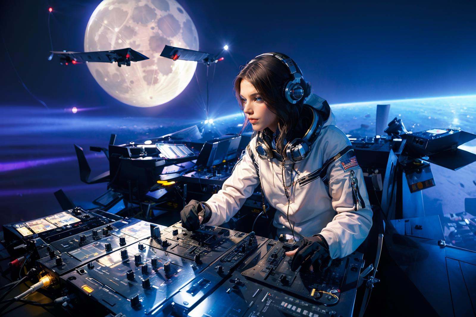 dj,(1girl:1.2),<lora:20240224-1708759727219-0006:0.8>,best qualtiy,masterpiece,movie-level quality,(Moon:1.2),space,spaceships,science fiction,the future,science fiction film,strategic defense initiative,spacecraft,Star Wars,Many spacecraft in the sky,