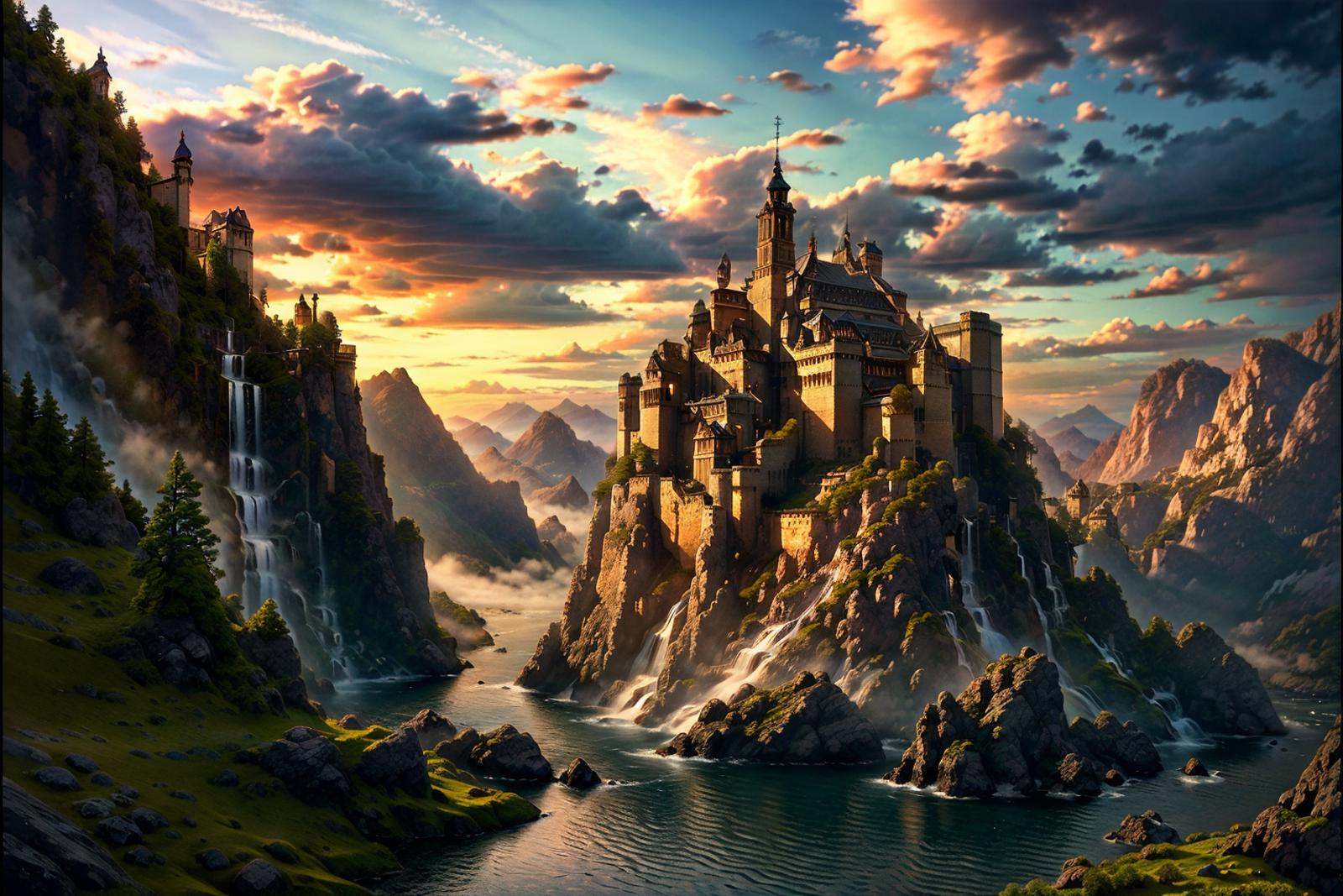 best qualtiy,masterpiece,movie-level quality,castle,<lora:20240317-1710689677412-0008:0.8>,waterfall,fantasy,border,river,a mountainous horizon,gradient sky,rock,sunset,