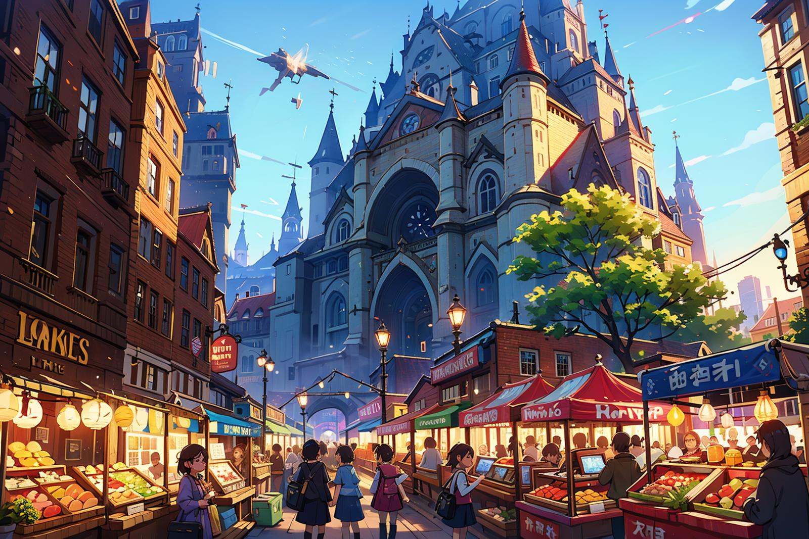 best qualtiy,masterpiece,movie-level quality,castle,<lora:20240317-1710689677412-0008:0.6>,city,city light,street,Skyscraper,a market,