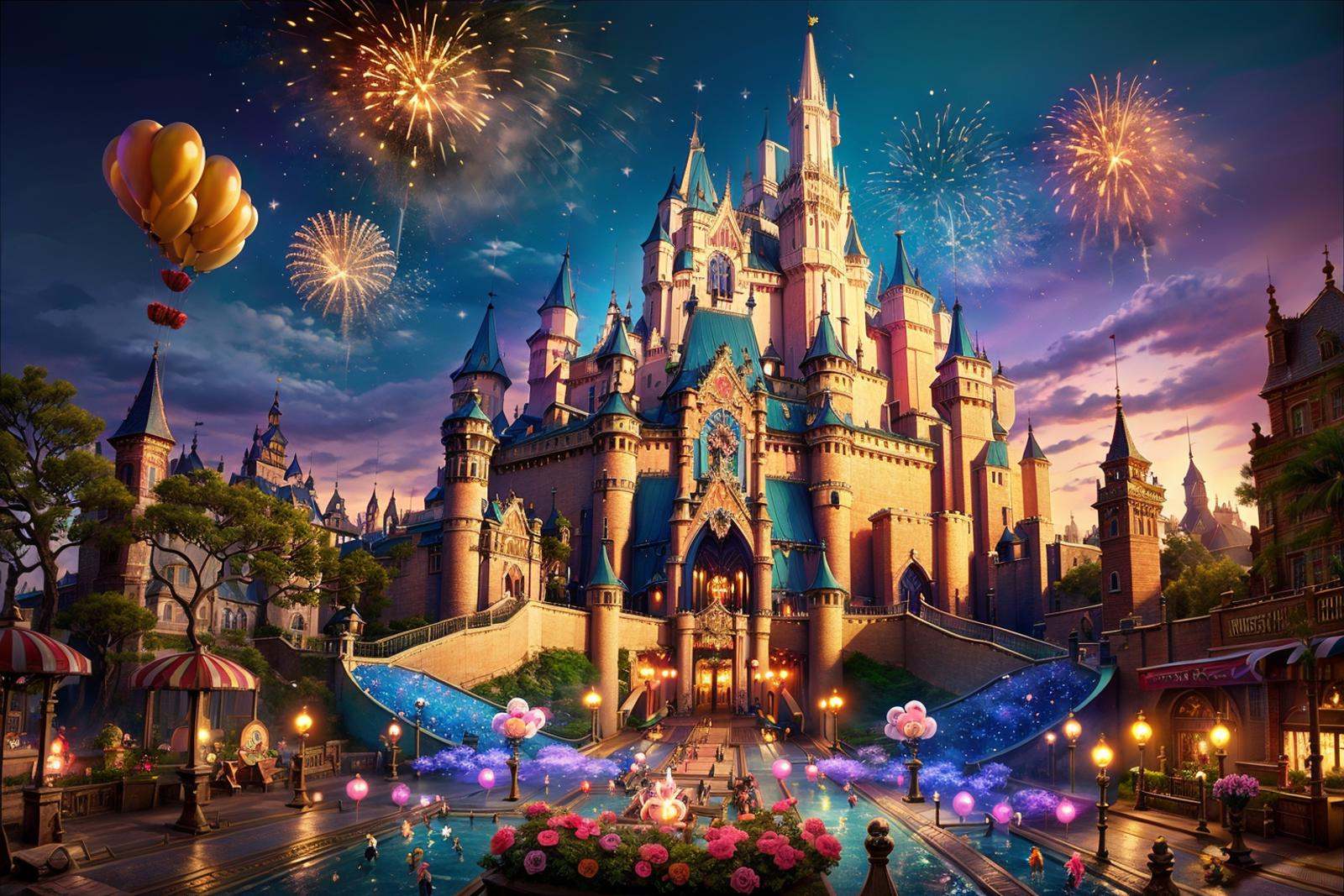 best qualtiy,masterpiece,movie-level quality,castle,<lora:20240317-1710689677412-0008:0.8>,disney amusement park,balloon,flower,fireworks,blooming colorful fireworks,fairy tale world,colorful,