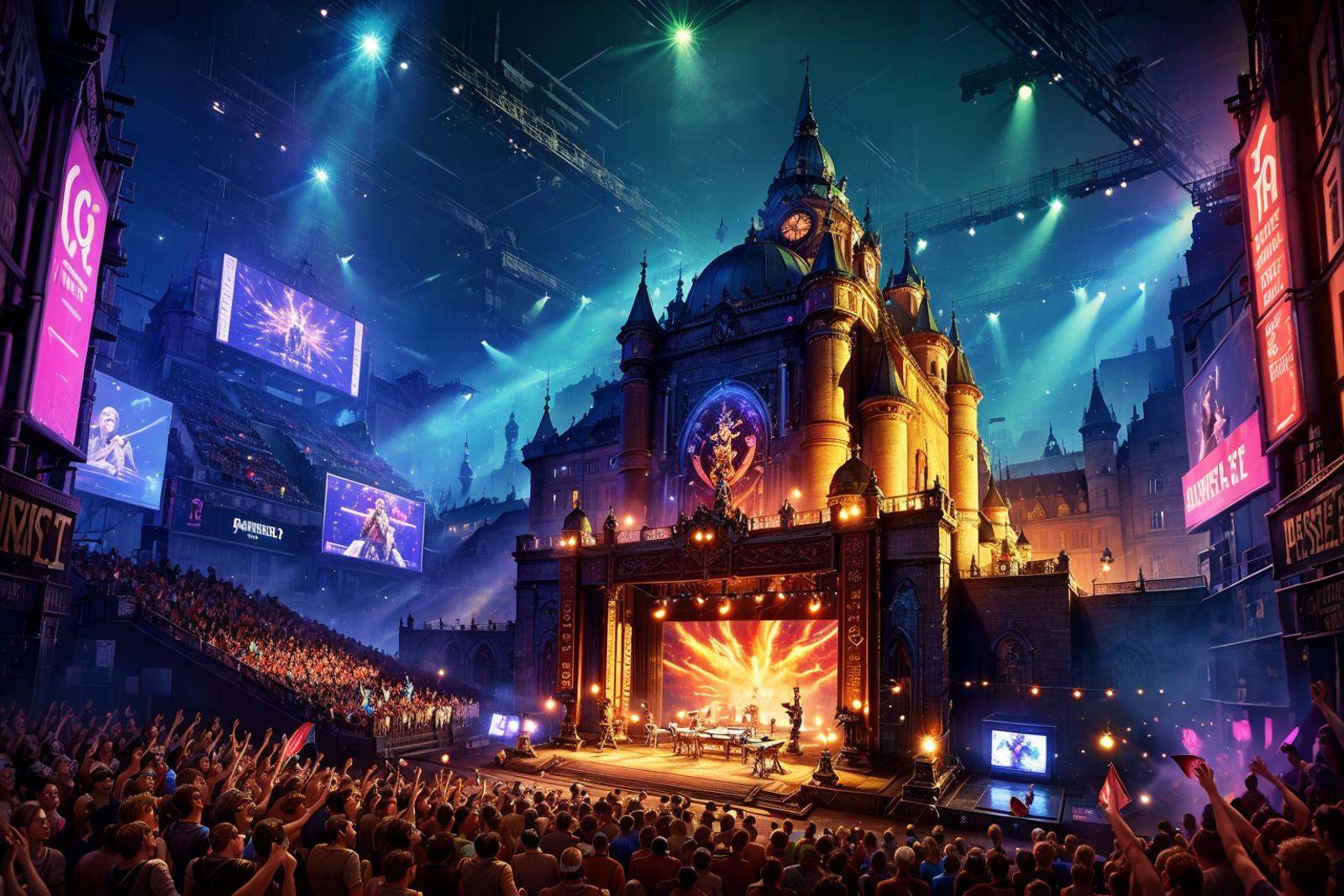 best qualtiy,masterpiece,movie-level quality,castle,<lora:20240317-1710689677412-0008:0.7>,festival,led screen,stage performance,gorgeous stage lighting,a cheering crowd,