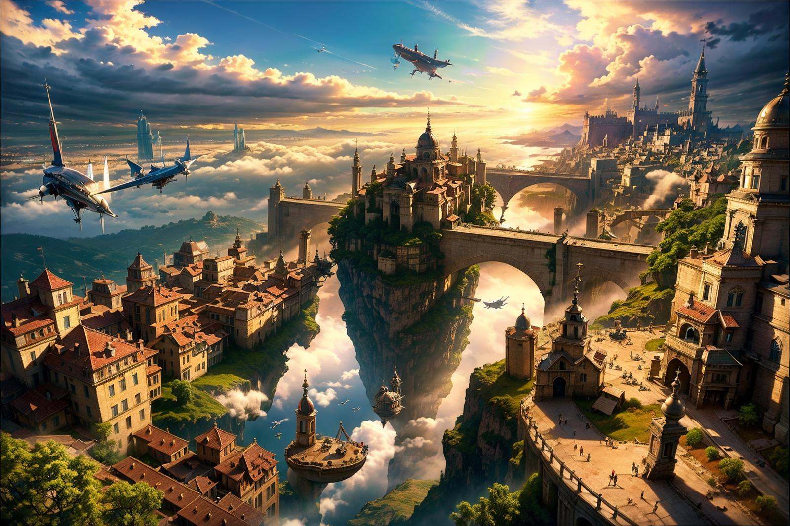 best qualtiy,masterpiece,movie-level quality,castle,<lora:20240317-1710689677412-0008:0.7>,aircraft,bridge,fantasy,city,a floating city in the air,