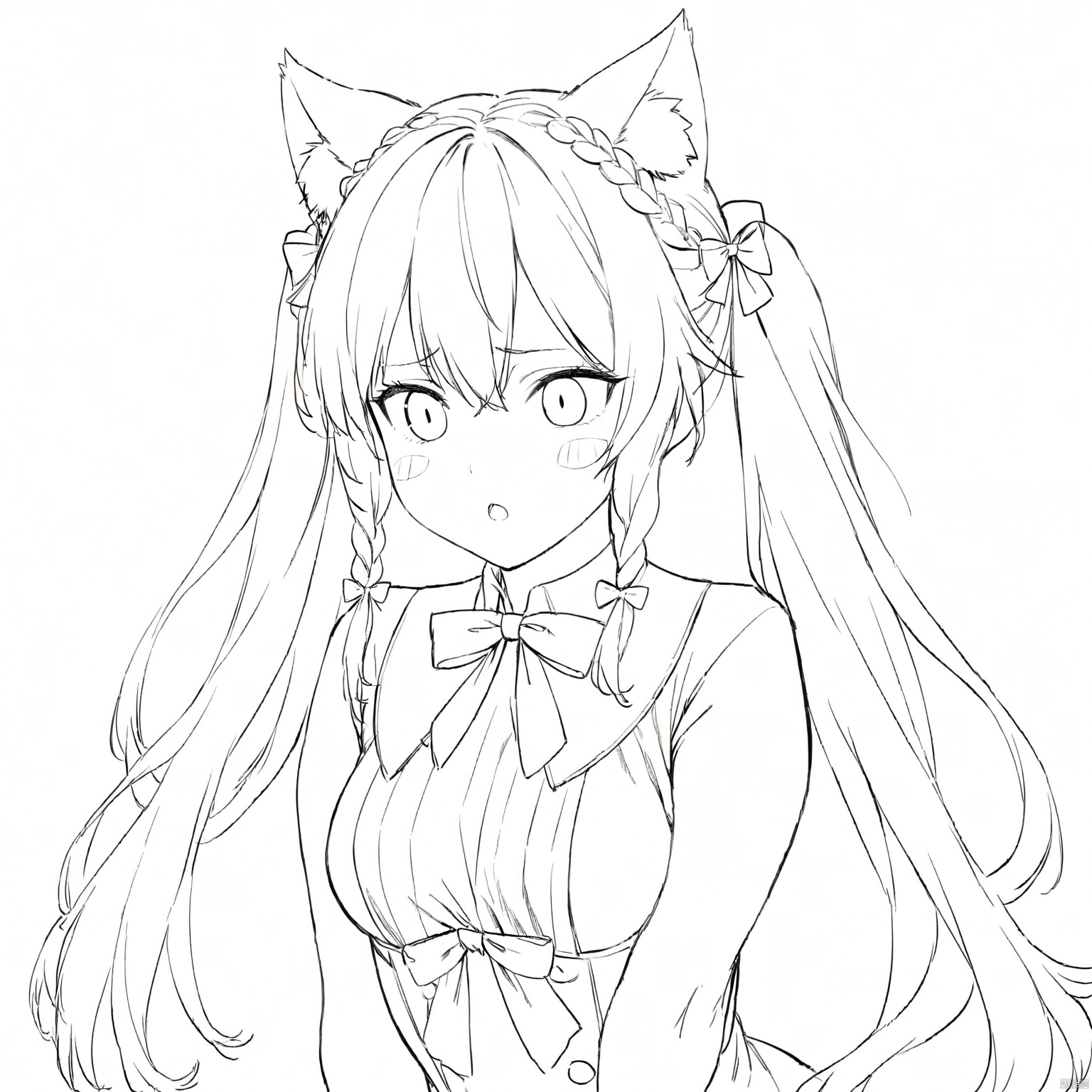 masterpiece, best quality,
lineart, monochrome, 
1girl, animal ears, blue eyes, bow, solo, hair bow, cat ears,blonde hair, chibi, blue bow, open mouth, twintails, animal ear fluff, long hair, braid, white background, simple background, cat girl, striped, blush stickers, bowtie, upper body