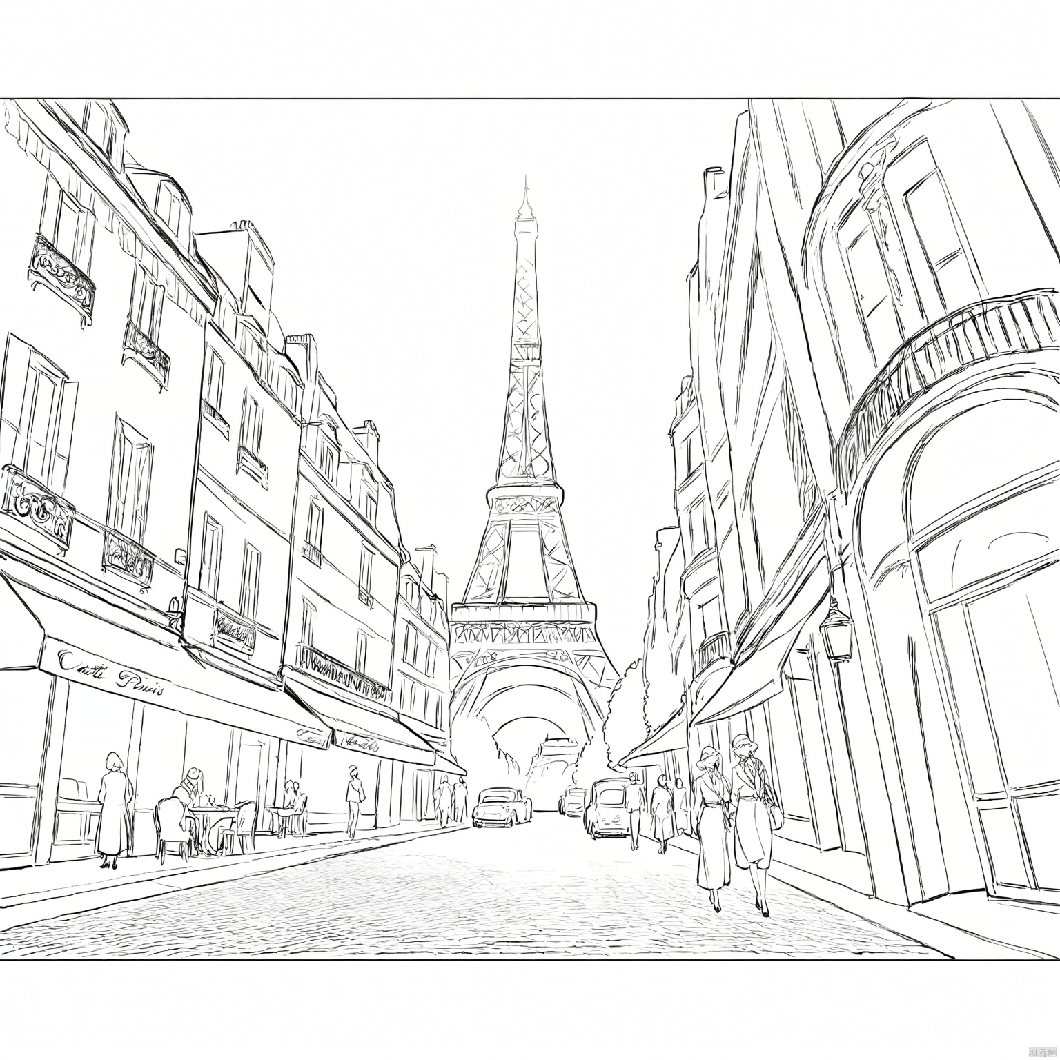 masterpiece, best quality,
lineart, monochrome, 
Create a vintage travel poster featuring the Eiffel Tower in Paris. The image captures a nostalgic, sepia-toned scene with soft, warm lighting. The Eiffel Tower stands prominently in the center, framed by a wide-angle shot showcasing its intricate structure. Surrounding the tower, there are classic Parisian elements such as cobblestone streets, quaint cafes, and people dressed in 1920s attire. The composition includes elegant typography with the words Visit Paris in bold, cursive letters at the top, enhancing the retro aesthetic.