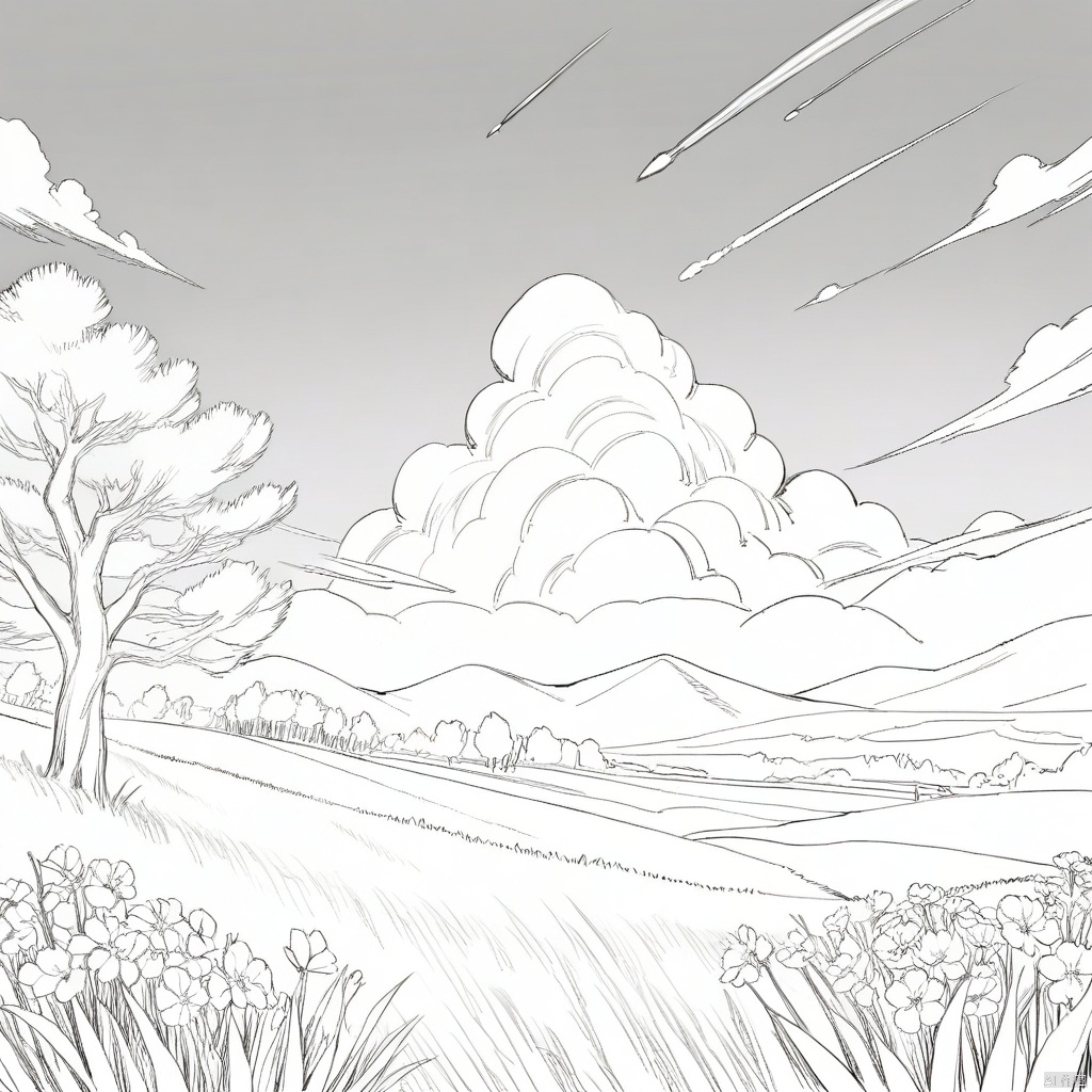 masterpiece, best quality,
lineart, monochrome, 
scenery, outdoors, sky, cloud, no humans, star \(sky\), mountain, mountainous horizon, flower, starry sky, grass, landscape, shooting star, nature, tree, blue sky, sunset, cloudy sky, field, night, night sky, plant, hill, evening, cumulonimbus cloud, masterpiece, best quality, very aesthetic, absurdres,