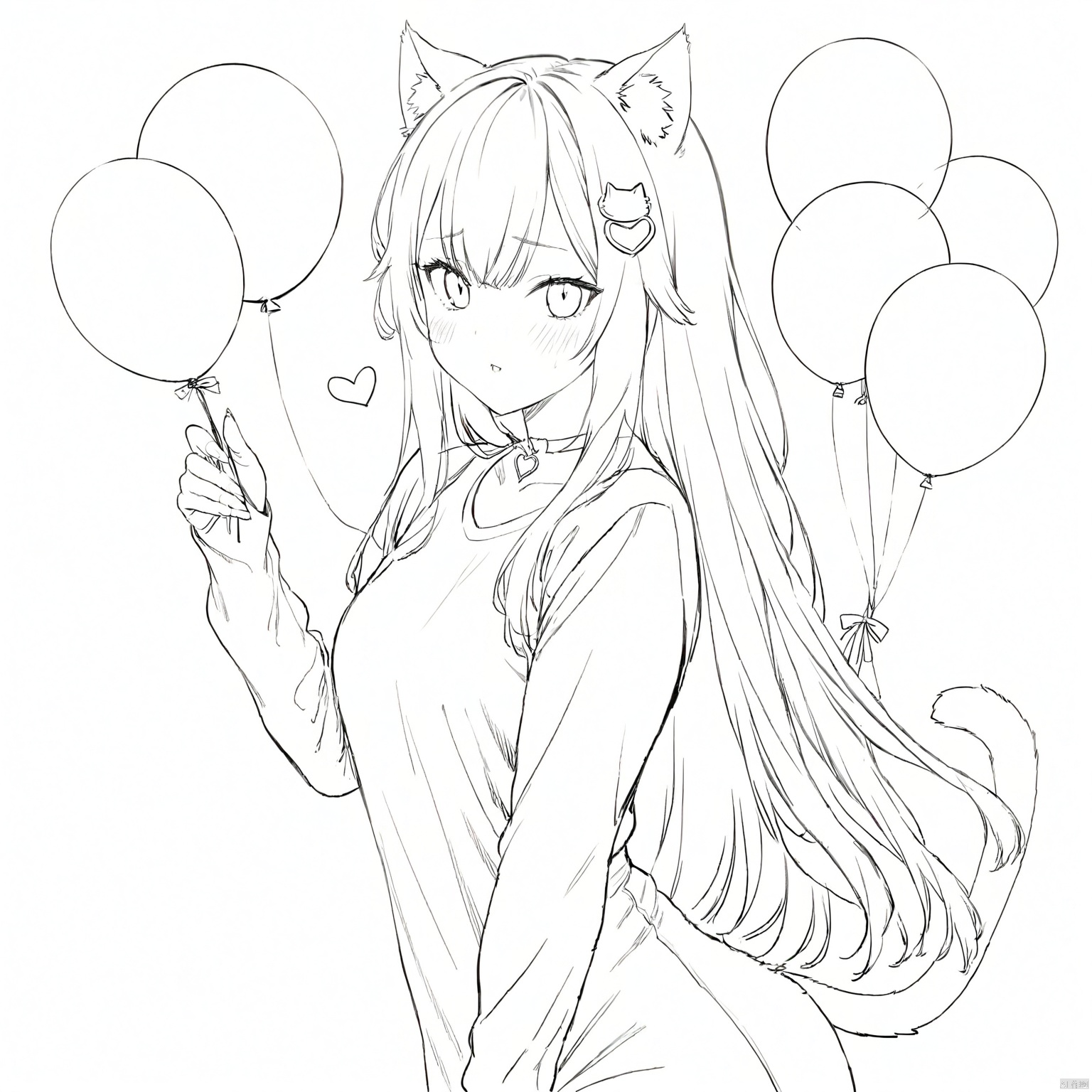 masterpiece, best quality,
lineart, monochrome, 1girl, animal ears, cat ears, tail, solo, cat tail, hair ornament, heart, grey hair, cat girl, bangs, balloon, white background, blue eyes, simple background, holding, looking at viewer, virtual youtuber, long hair, upper body, long sleeves, white shirt, shirt, heart balloon, blush,