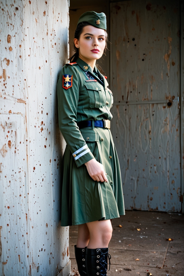 A photorealistic,  full-body image of a young female soldier standing proudly in a detailed and realistic military uniform...
