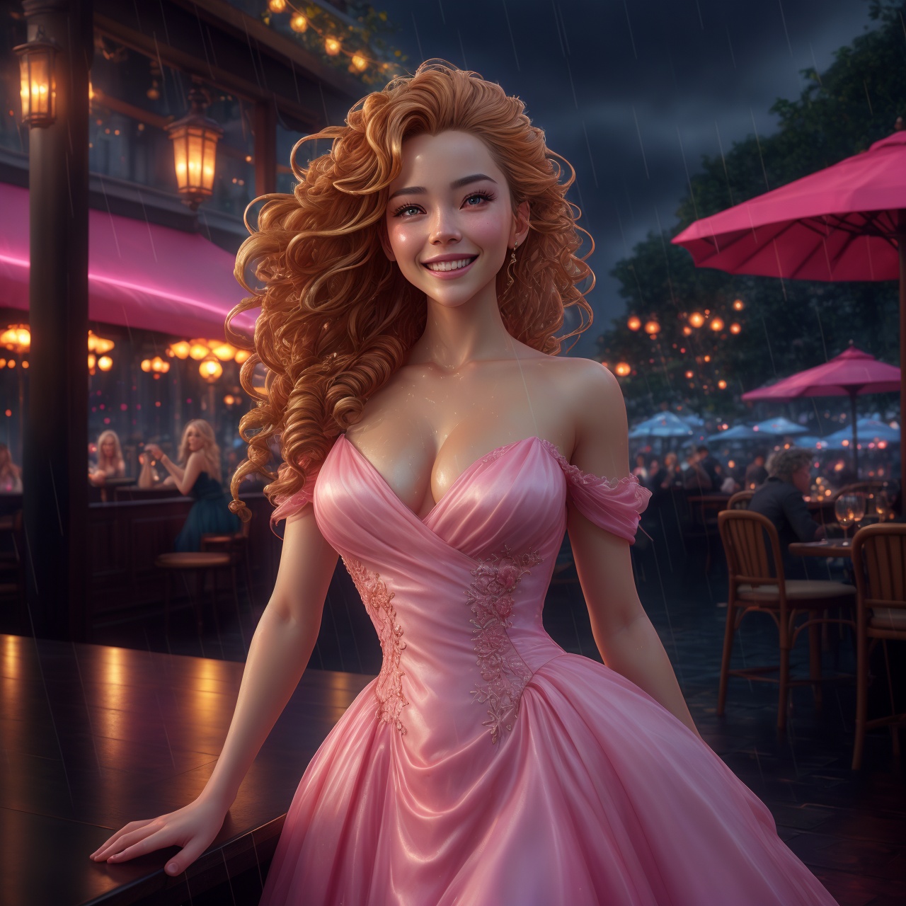A full-body view of a stunningly beautiful woman with an extremely innocent face,  resembling Ana de Armas. She has wild,...