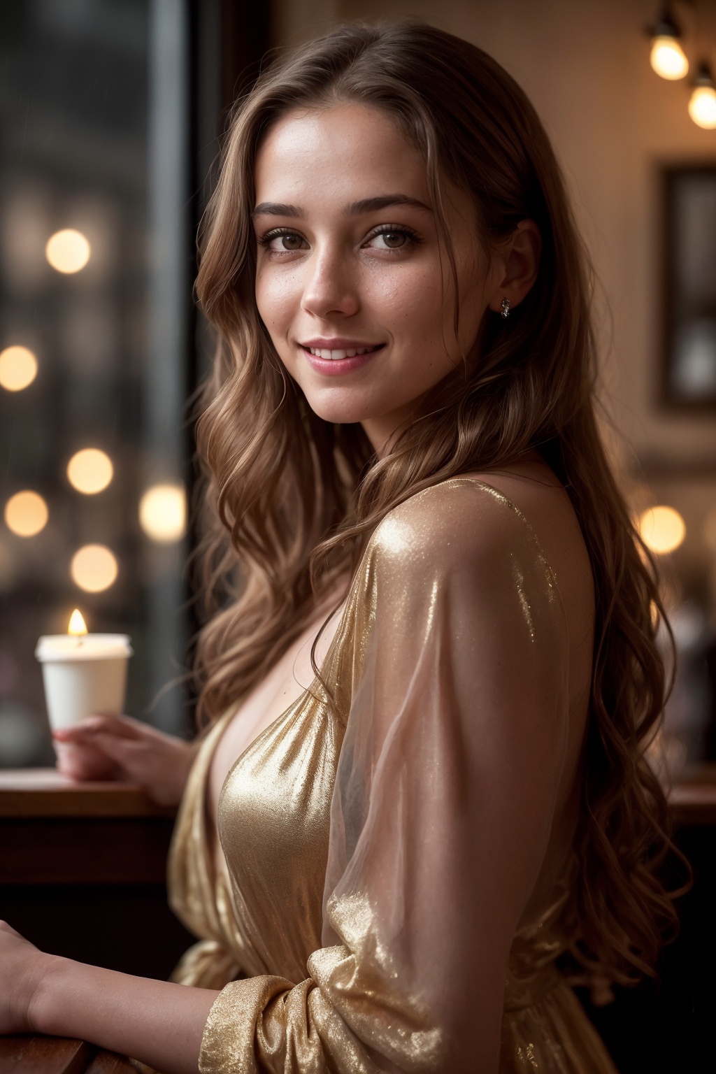 mid-body view of a stunningly beautiful woman with an extremely innocent face,  maya. She has wild,  golden-brown hair flo...
