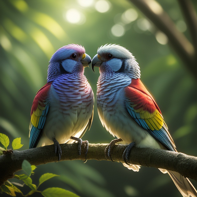 A close-up shot of a pair of lovebirds,  their heads touching affectionately,  nestled together on a delicate tree branch....