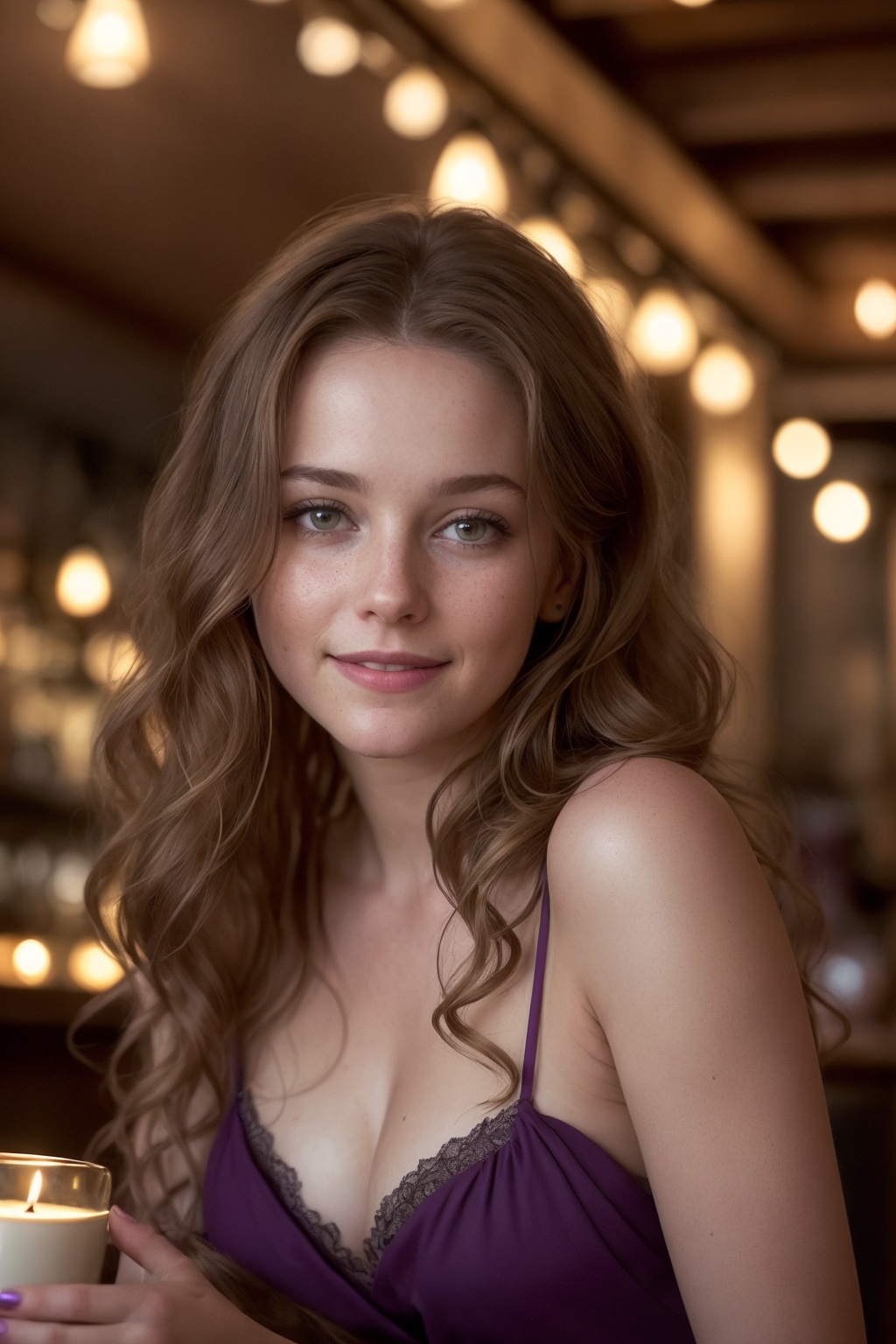 mid-body view of a stunningly beautiful woman with an extremely innocent face,  sarah. She has wild,  golden-brown hair fl...