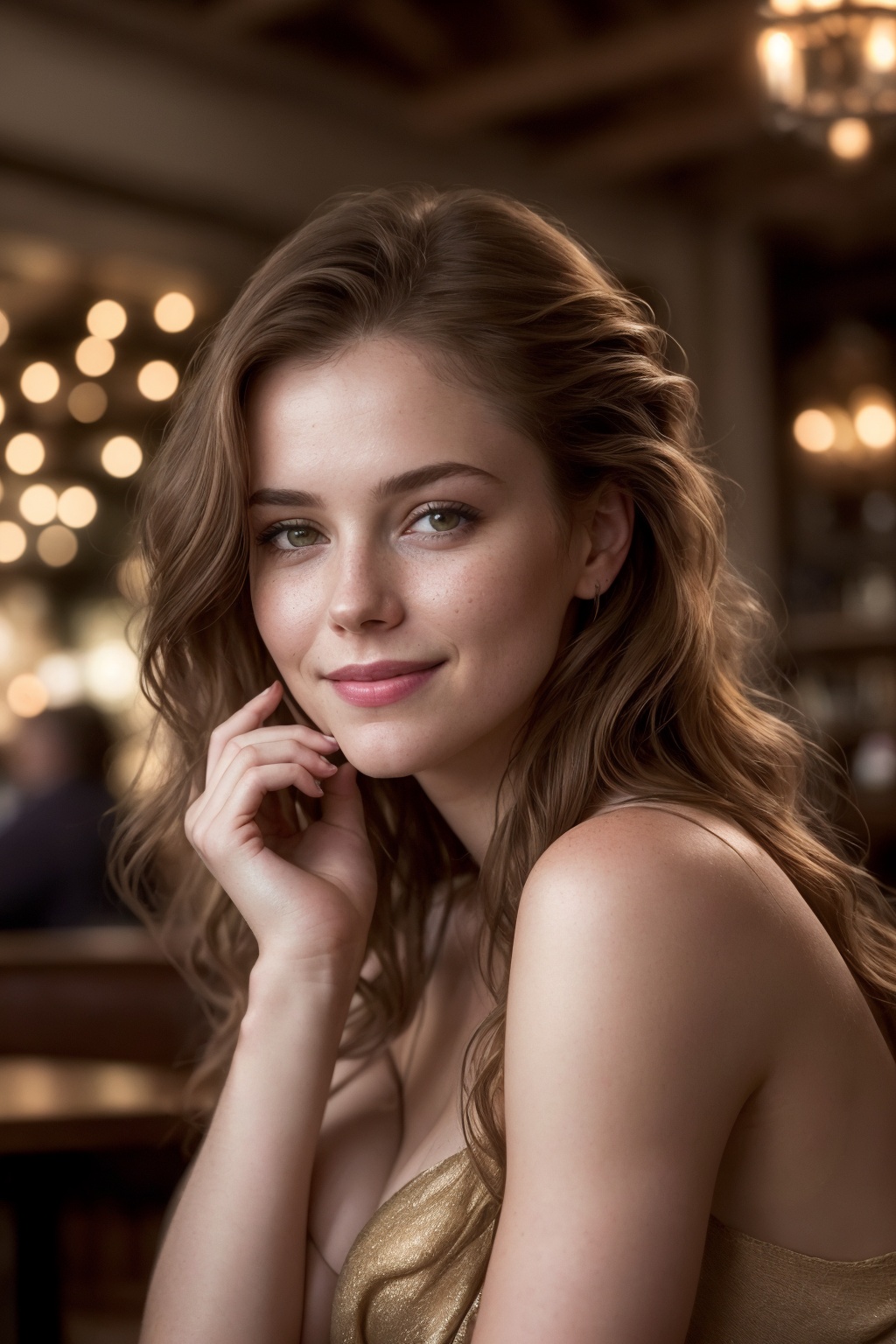 mid-body view of a stunningly beautiful woman with an extremely innocent face,  sarah. She has wild,  golden-brown hair fl...