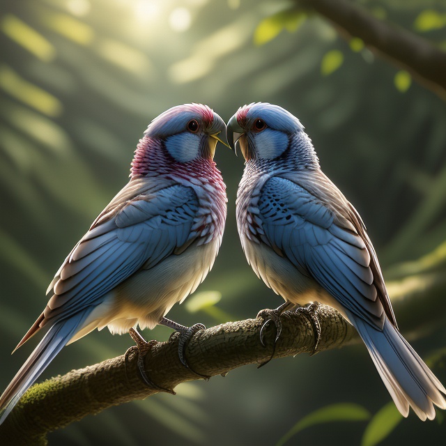 A close-up shot of a pair of lovebirds,  their heads touching affectionately,  nestled together on a delicate tree branch....