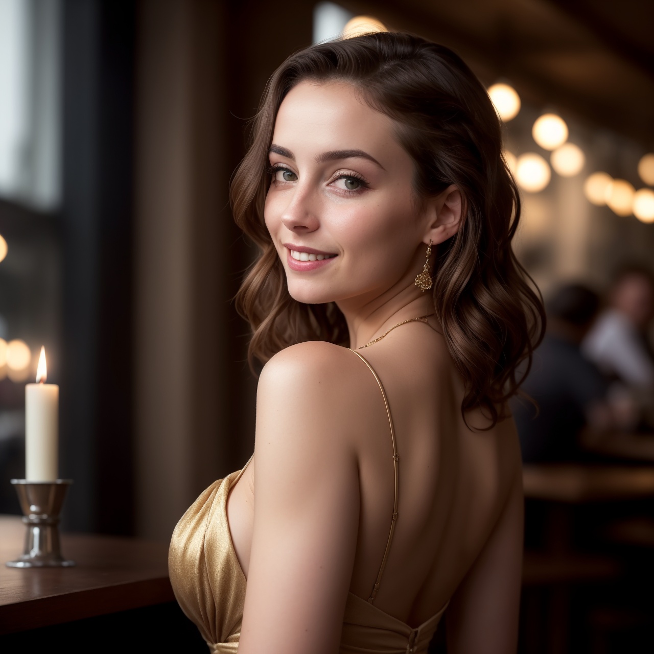 A full-body view of a stunningly beautiful woman with an extremely innocent face,  resembling Ana de Armas. She has wild,...