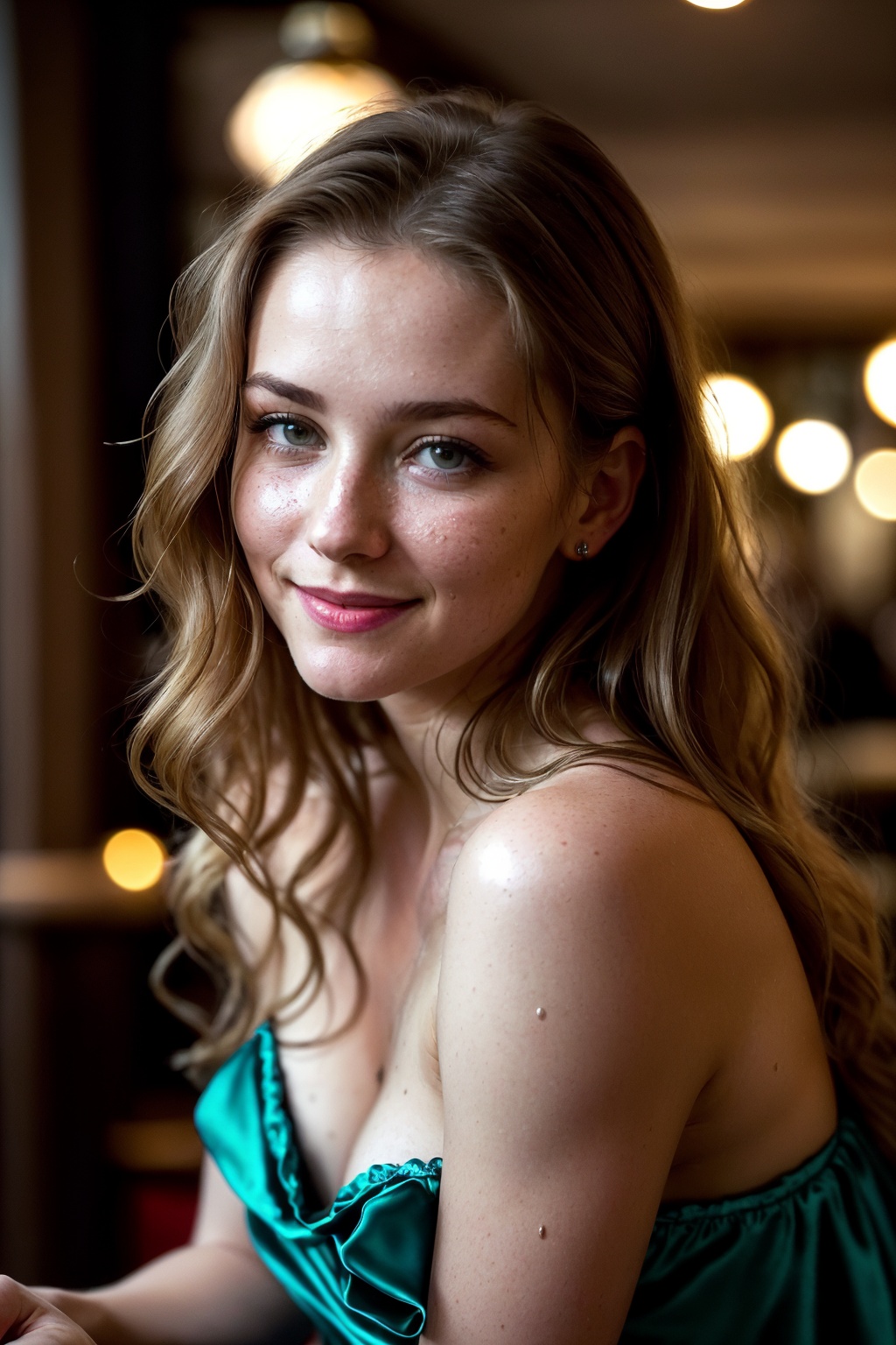 mid-body view of a stunningly beautiful woman with an extremely innocent face,  sarah. She has wild,  golden-brown hair fl...