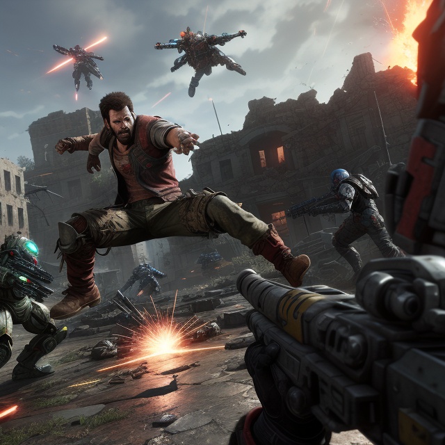 A dynamic action scene in a post-apocalyptic setting,  featuring a rugged man in tattered combat gear,  mid-fight with mul...
