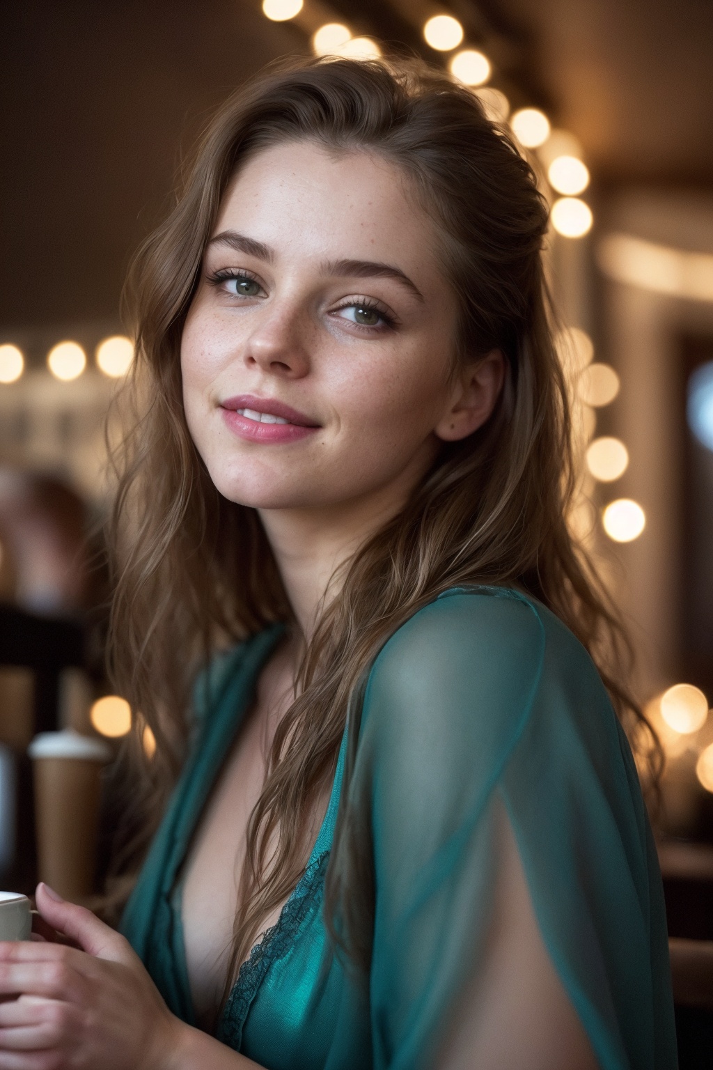 mid-body view of a stunningly beautiful woman with an extremely innocent face,  sarah. She has wild,  golden-brown hair fl...