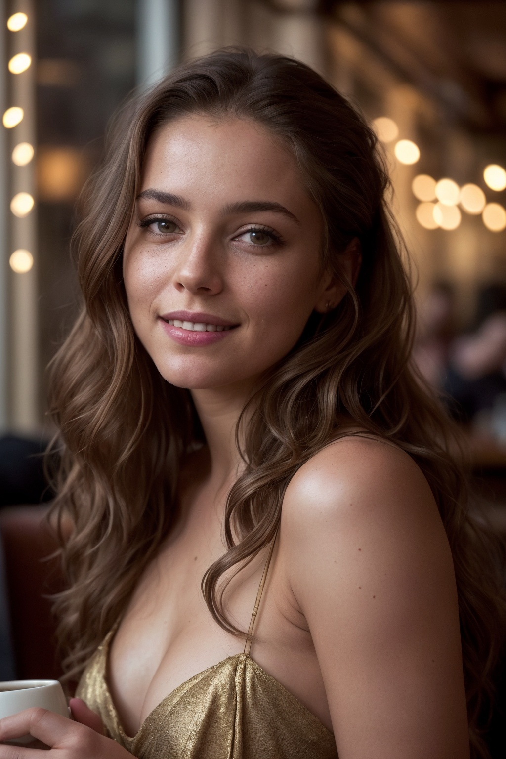 mid-body view of a stunningly beautiful woman with an extremely innocent face,  maya. She has wild,  golden-brown hair flo...
