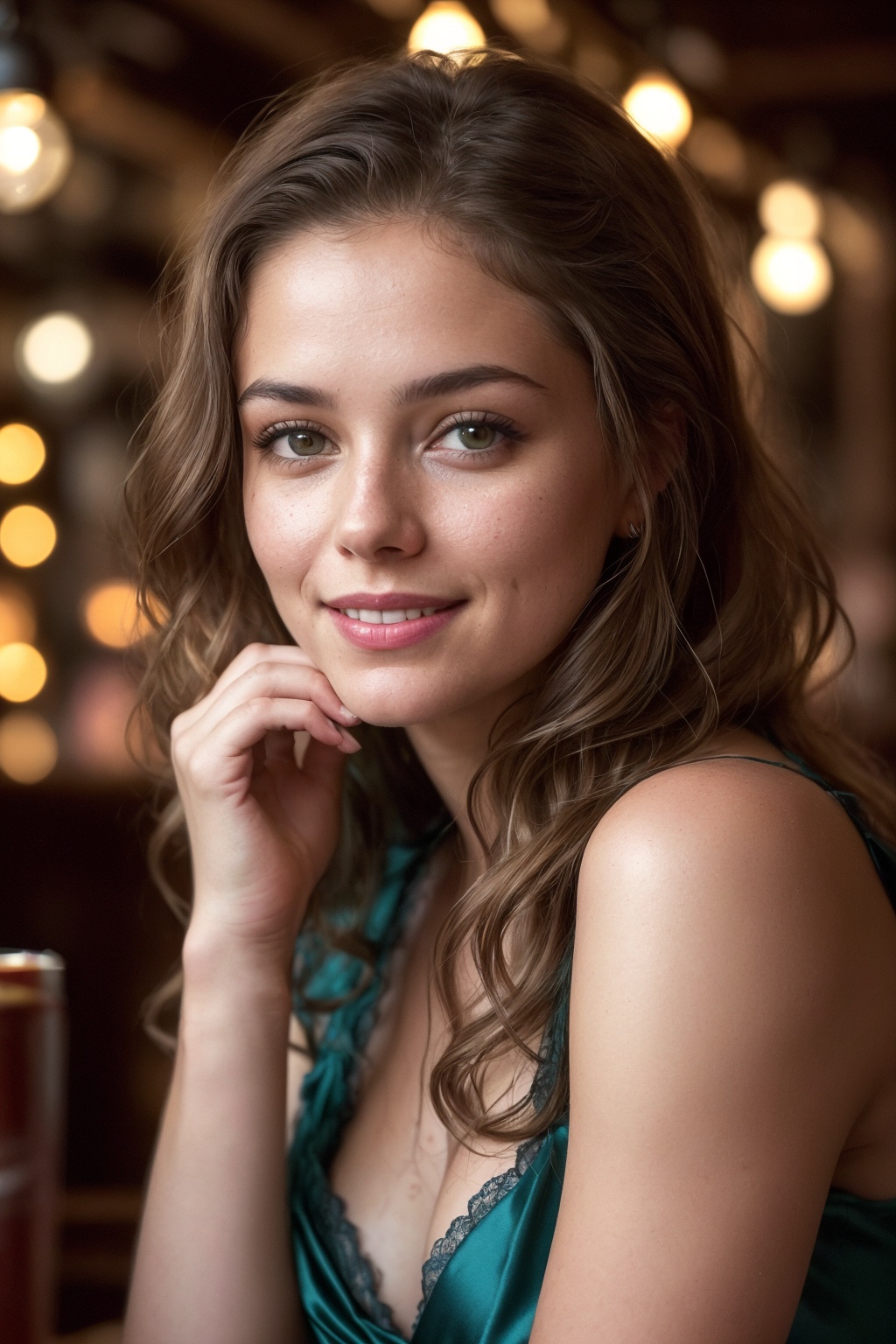 mid-body view of a stunningly beautiful woman with an extremely innocent face,  maya. She has wild,  golden-brown hair flo...