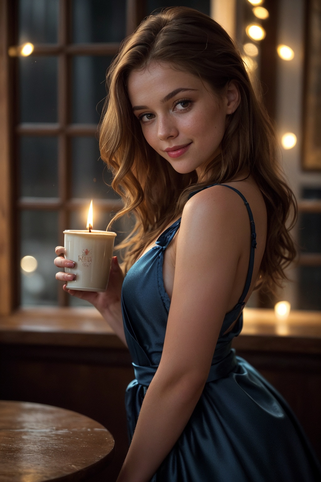 mid-body view of a stunningly beautiful girl with an extremely innocent face,  sarah. She has wild,  golden-brown hair flo...