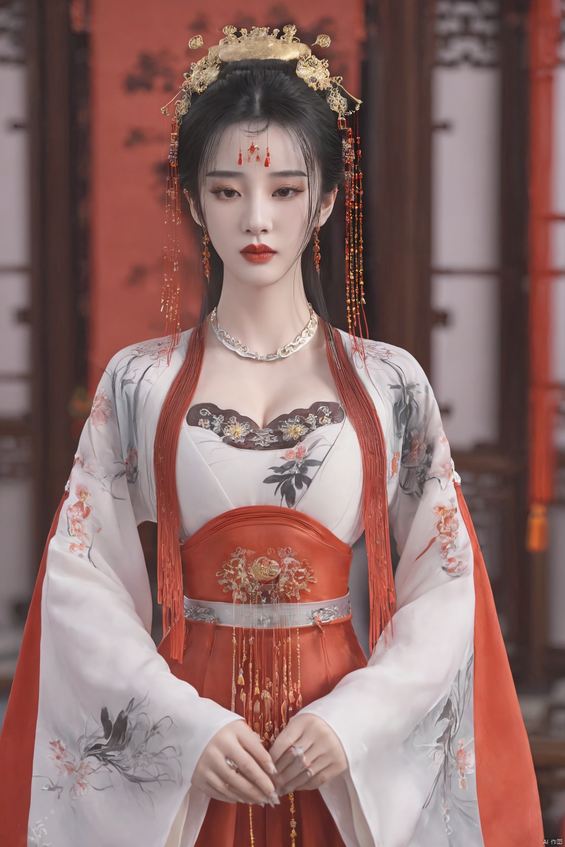 masterpiece,1girl,artist name,bangs,black eyes,black hair,chinese clothes,crown,floral print,gem,gold,jewelry,lips,lipstick,long hair,looking at viewer,makeup,red lips,solo,earrings,hair ornament,necklace,red dress,Red cloth shoes,indoor, traditional wedding, festive, wedding, ,Xlimuwan, hanfu,fengguanxiapei,,(big breasts:1.39), Yunxiao_xianzi,Xtianqiong,Xsulingyun, traditional chinese ink painting