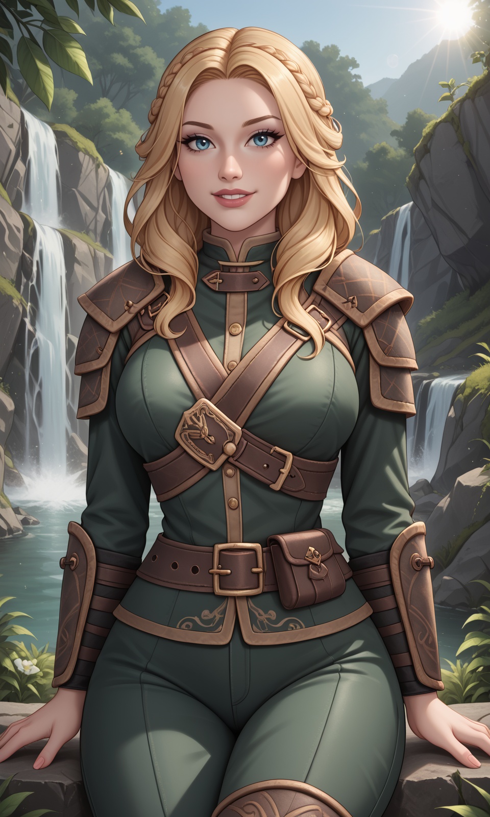 A blonde femalebreton beauty sits outdoors in a rustic Skyrim village wearing Skyrim armor,  surrounded by thatched roofs...
