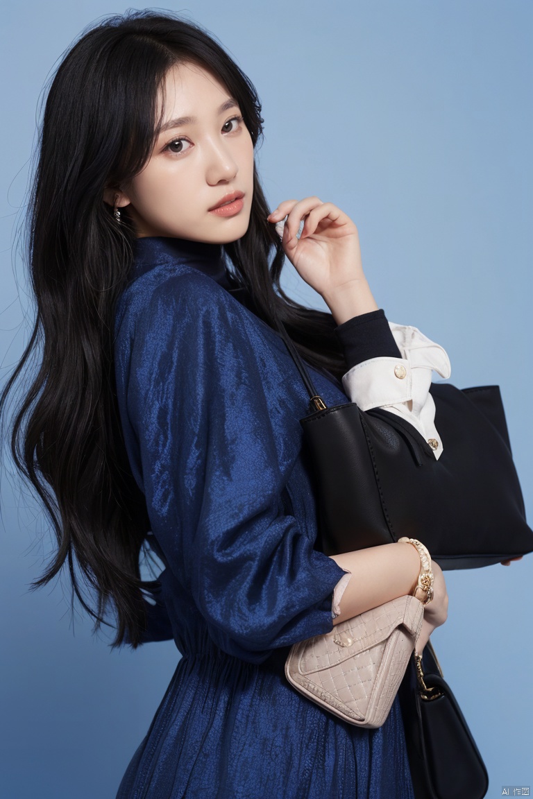 1girl, solo, long hair, looking at viewer, black hair, long sleeves, dress, jewelry, parted lips, bag, black eyes, bracelet, lips, blue background, handbag