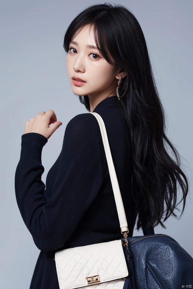 1girl, solo, long hair, looking at viewer, black hair, long sleeves, dress, jewelry, parted lips, bag, black eyes, bracelet, lips, blue background, handbag