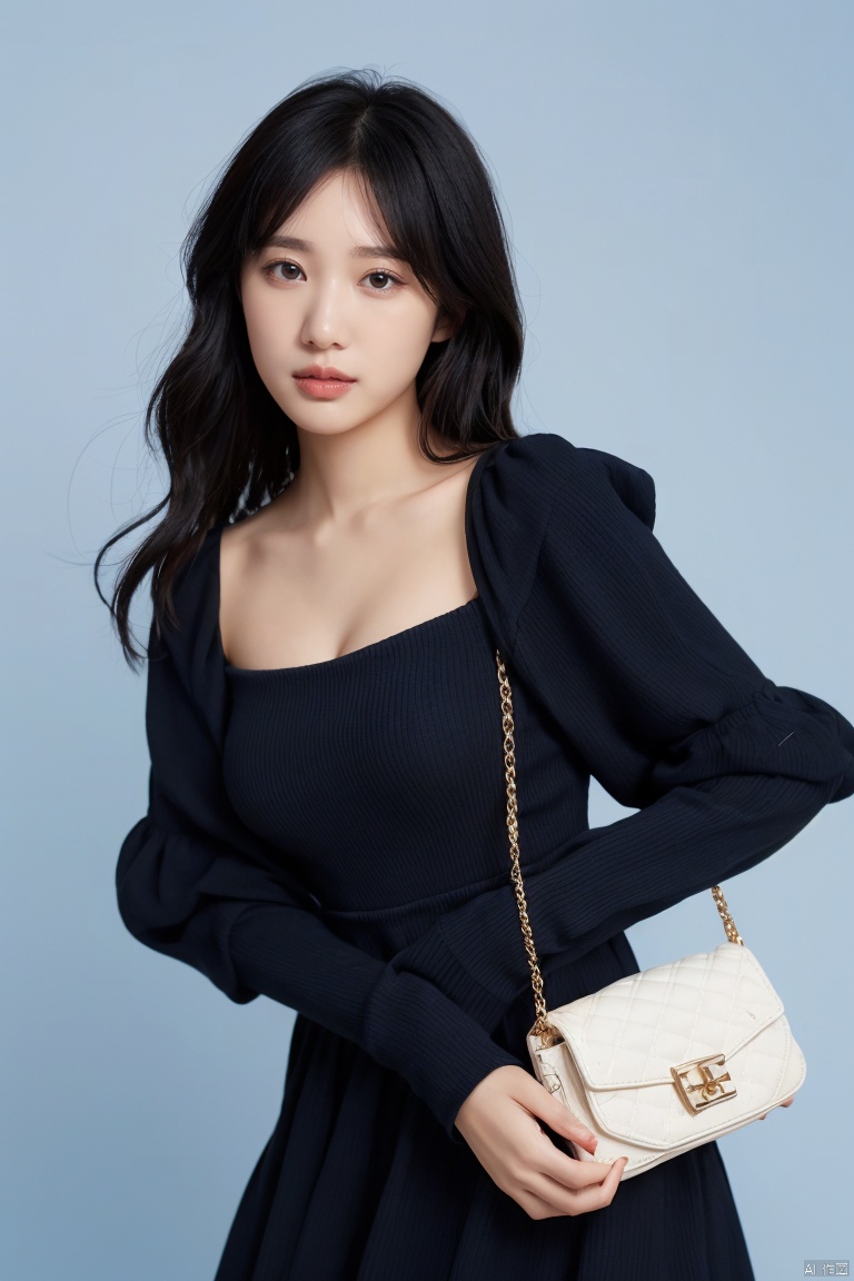 1girl, solo, long hair, looking at viewer, black hair, long sleeves, dress, jewelry, parted lips, bag, black eyes, bracelet, lips, blue background, handbag