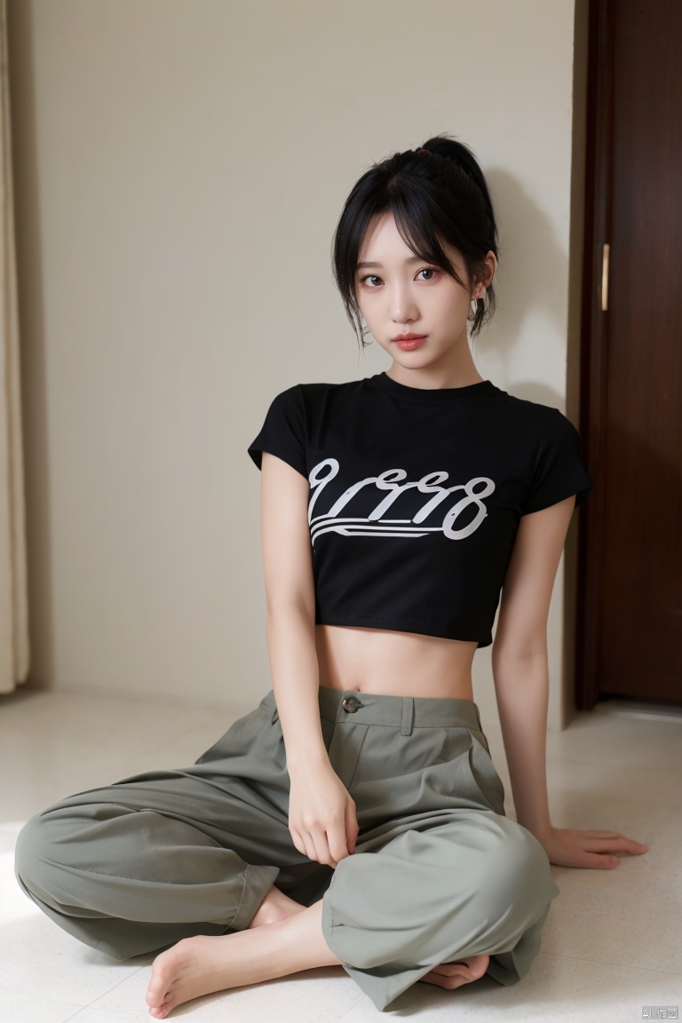 1girl, solo, long hair, breasts, looking at viewer, shirt, black hair, jewelry, sitting, full body, ponytail, short sleeves, earrings, barefoot, midriff, pants, lips, crop top, black shirt, wariza, t-shirt, realistic, on floor