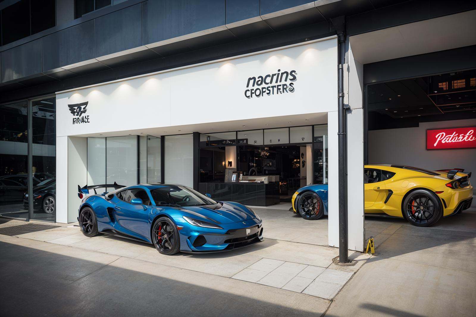 storefront,<lora:20240314-1710430939274-0006:0.6>,best qualtiy,masterpiece,luxury sports car,sports car store,