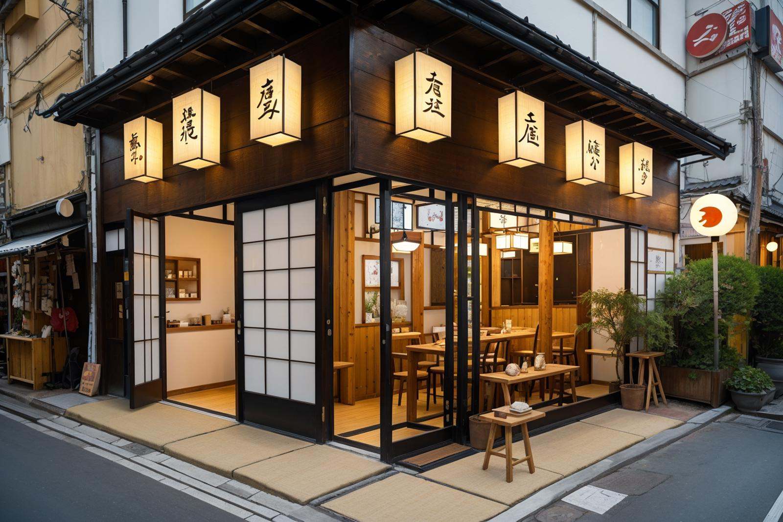 storefront,<lora:20240314-1710430939274-0006:0.5>,best qualtiy,masterpiece,japanese restaurant,japanese decoration,tatami,kimono,wooden decoration,bamboo,rice paper lamp,street,fresh,japanese decorative painting,street,japanese style wall diagram,