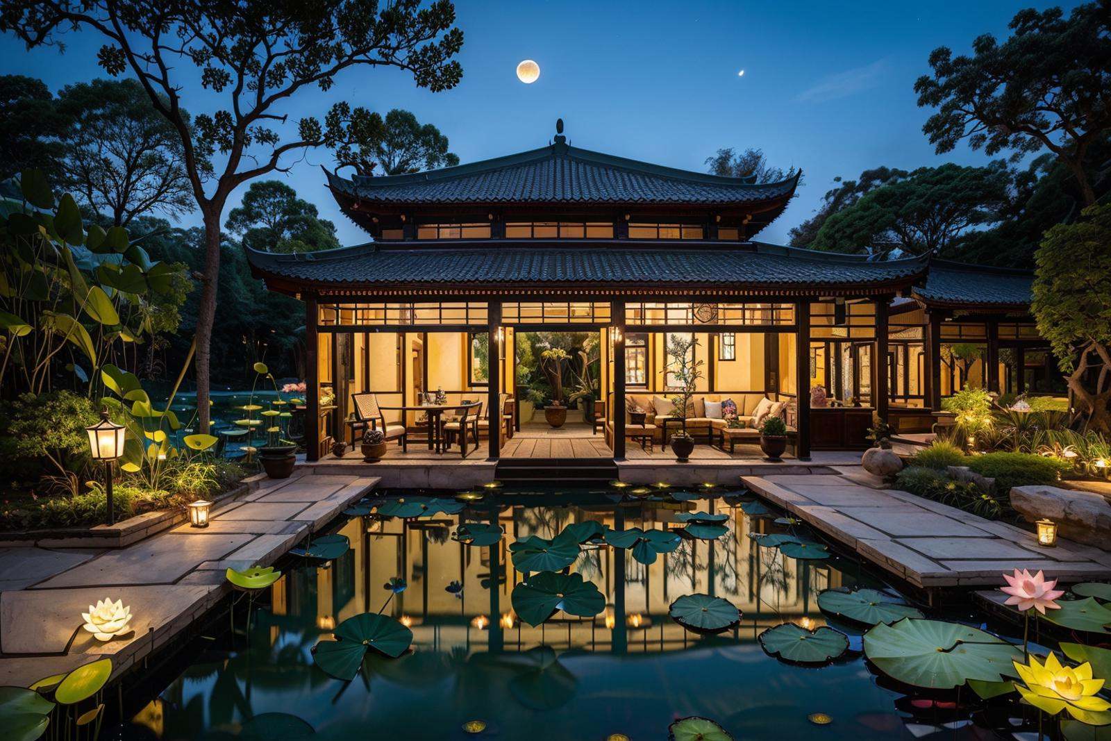 storefront,<lora:20240314-1710430939274-0006:0.6>,best qualtiy,masterpiece,dfsy,teahouse,oriental architecture,<lora:XM-东方建筑神韵_XM-东方建筑神韵:0.4>,creek,flower,tea house entrance,(pond lotus:1.4),night,moon,(lotus leaf:1.2),water and grass,tree,say,lantern/lamp,eastern traditional decoration,flower,