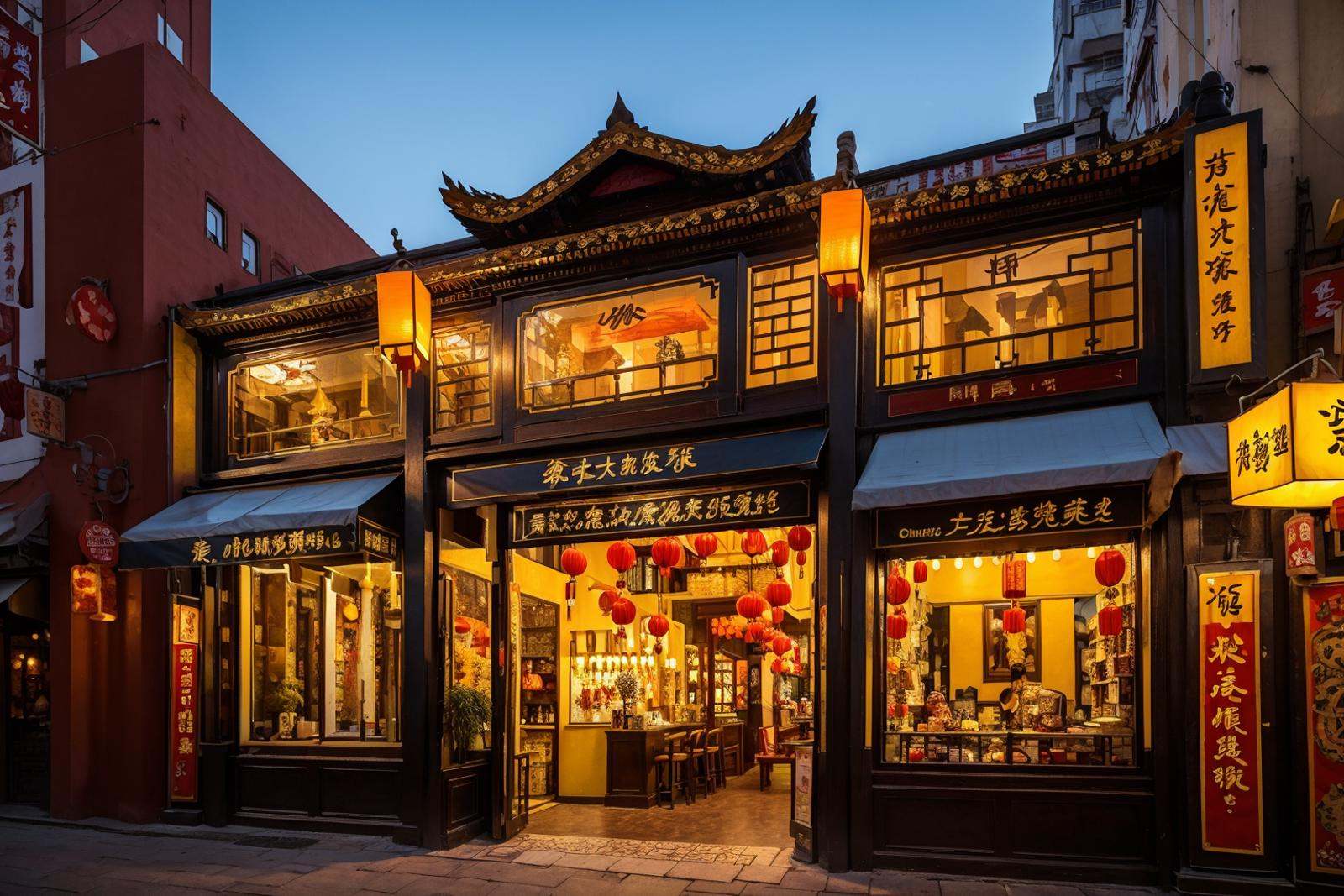 storefront,<lora:20240314-1710430939274-0006:0.6>,best qualtiy,masterpiece,oriental restaurant,oriental decoration,mystery,lantern/lamp,street,paper-cut for window decoration,chinatown,the setting sun,chinese architecture,